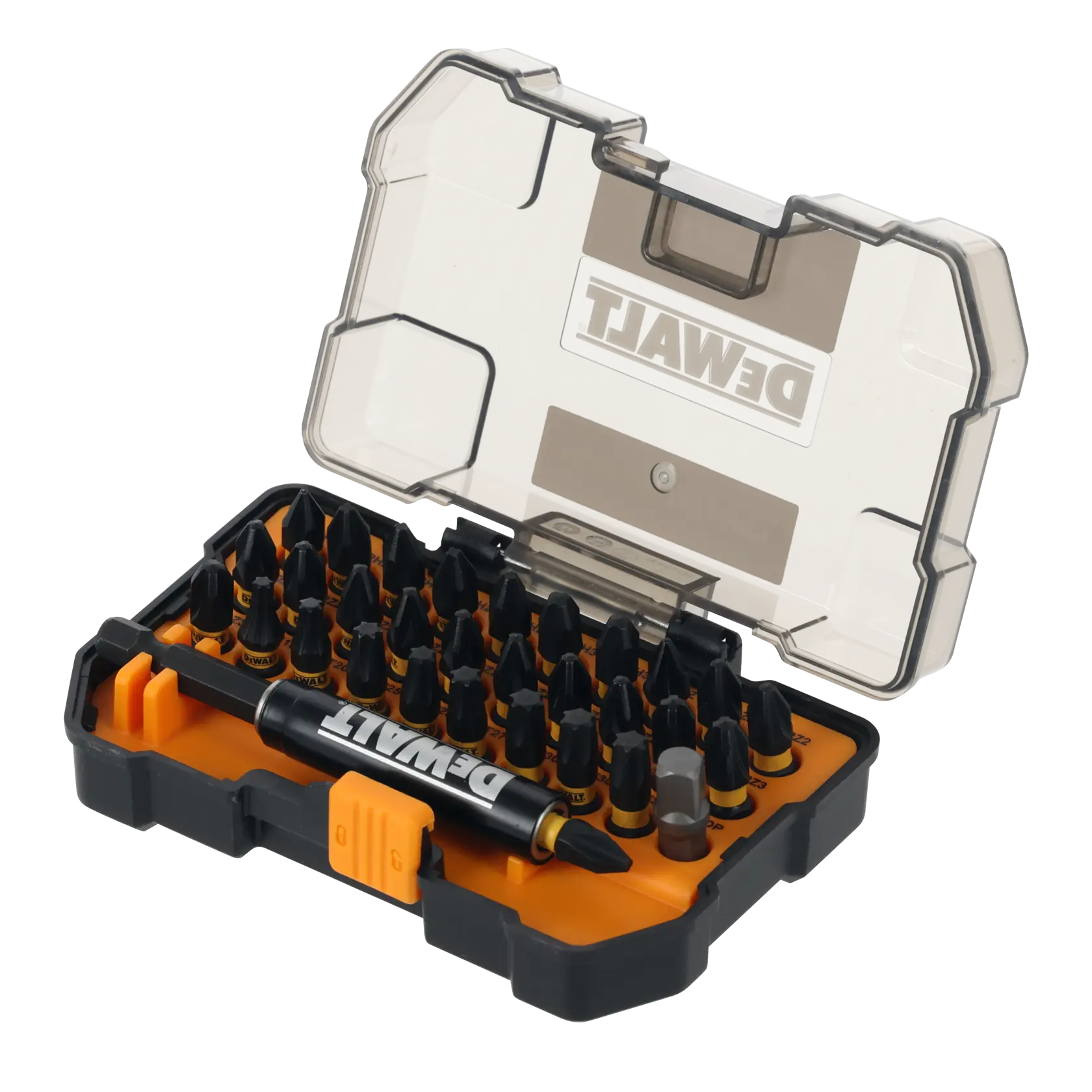 Conjunto de bits DEWALT em estojo, SKUs DT70900T, DT70900T-QZ, com bits e porta-bits.