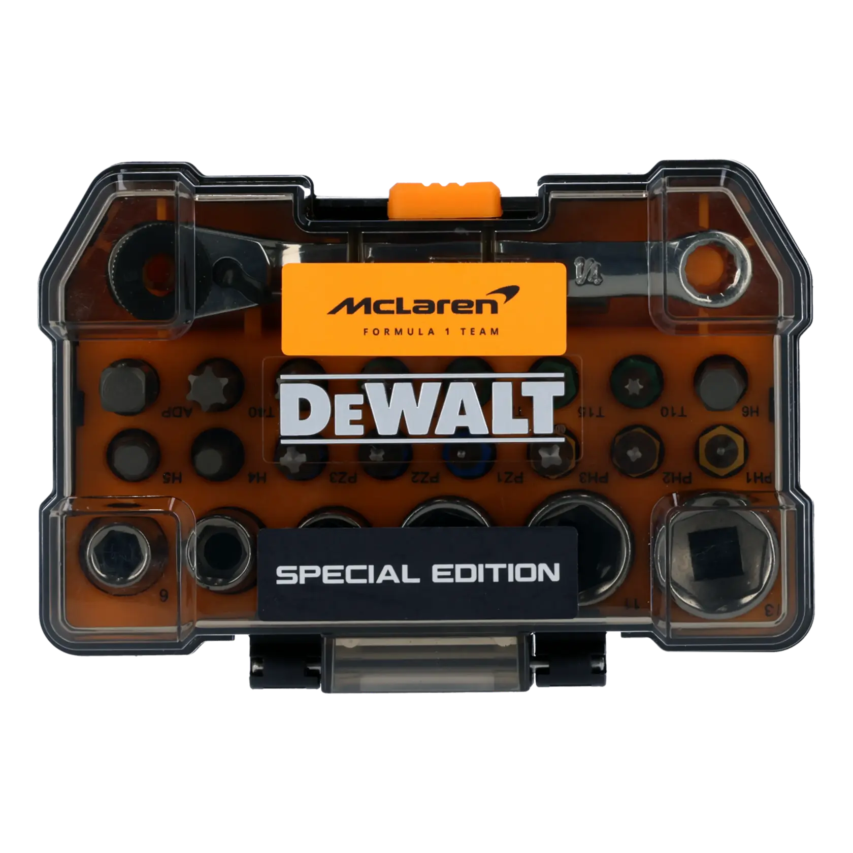 DEWALT DT70906-QZ, DT70906 kit de bits edição especial. Marca McLaren na caixa. Categoria fotografia.