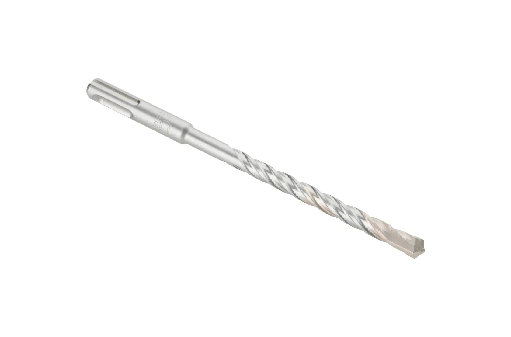 Uma broca para alvenaria SDS-plus de metal com canal em espiral e ponta de corte, isolada sobre um fundo branco.