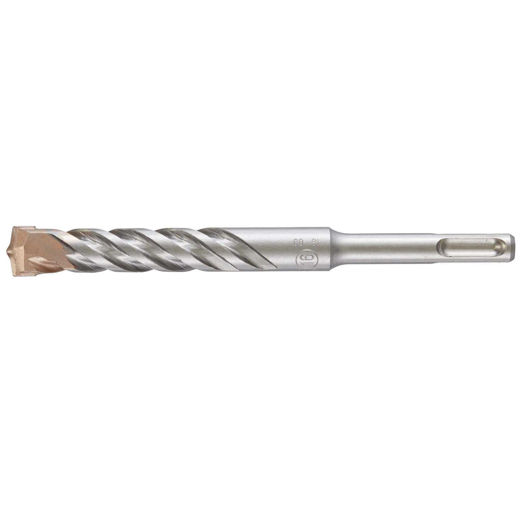 Broca SDS DEWALT prateada com ranhuras espirais em fundo branco.