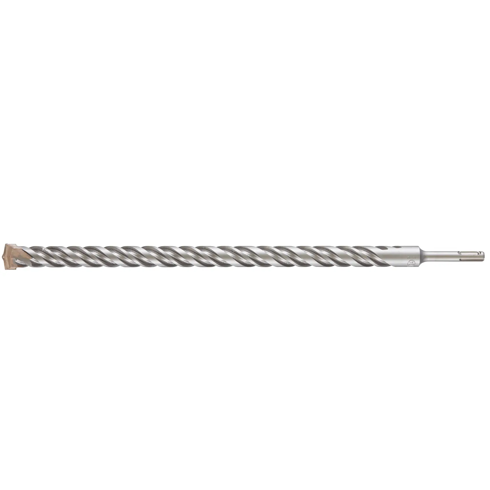 Broca longa prateada DEWALT com espiral para alvenaria ou concreto, exibida sobre fundo branco.