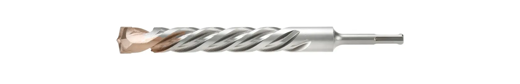 Broca de metal com design espiral e ponta de carbeto, mostrada sobre fundo branco.