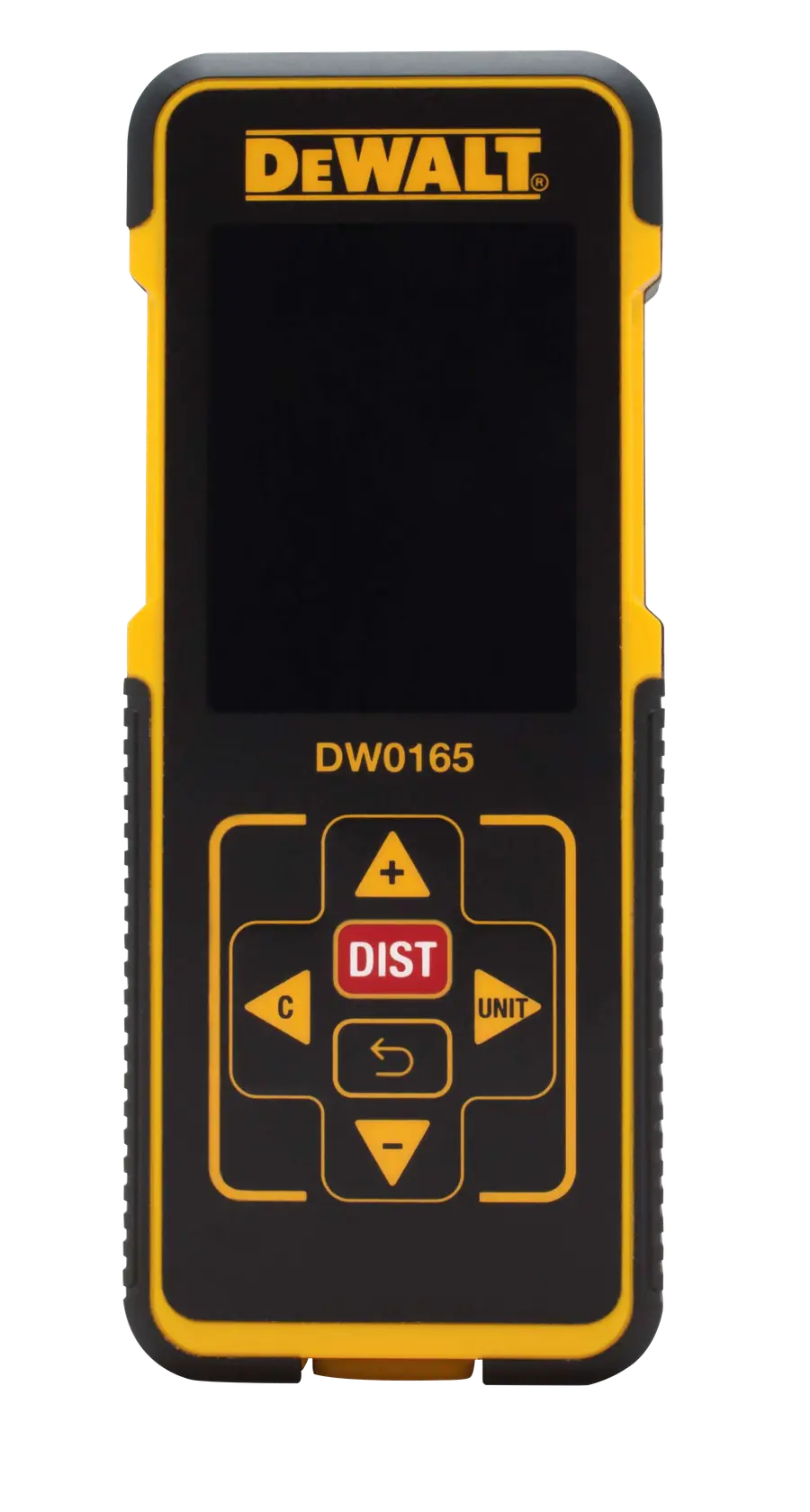 Foto frontal do medidor de distância a laser DEWALT DW0165 preto e amarelo com botões e tela.