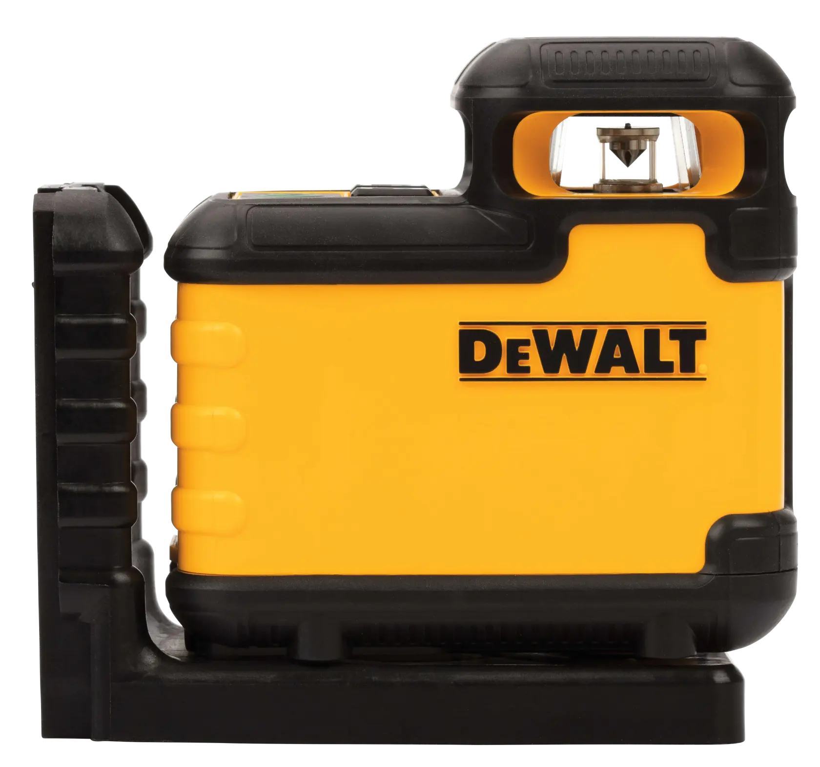 Um nível a laser amarelo e preto da DEWALT sobre uma base preta, com o logotipo DEWALT visível na lateral.