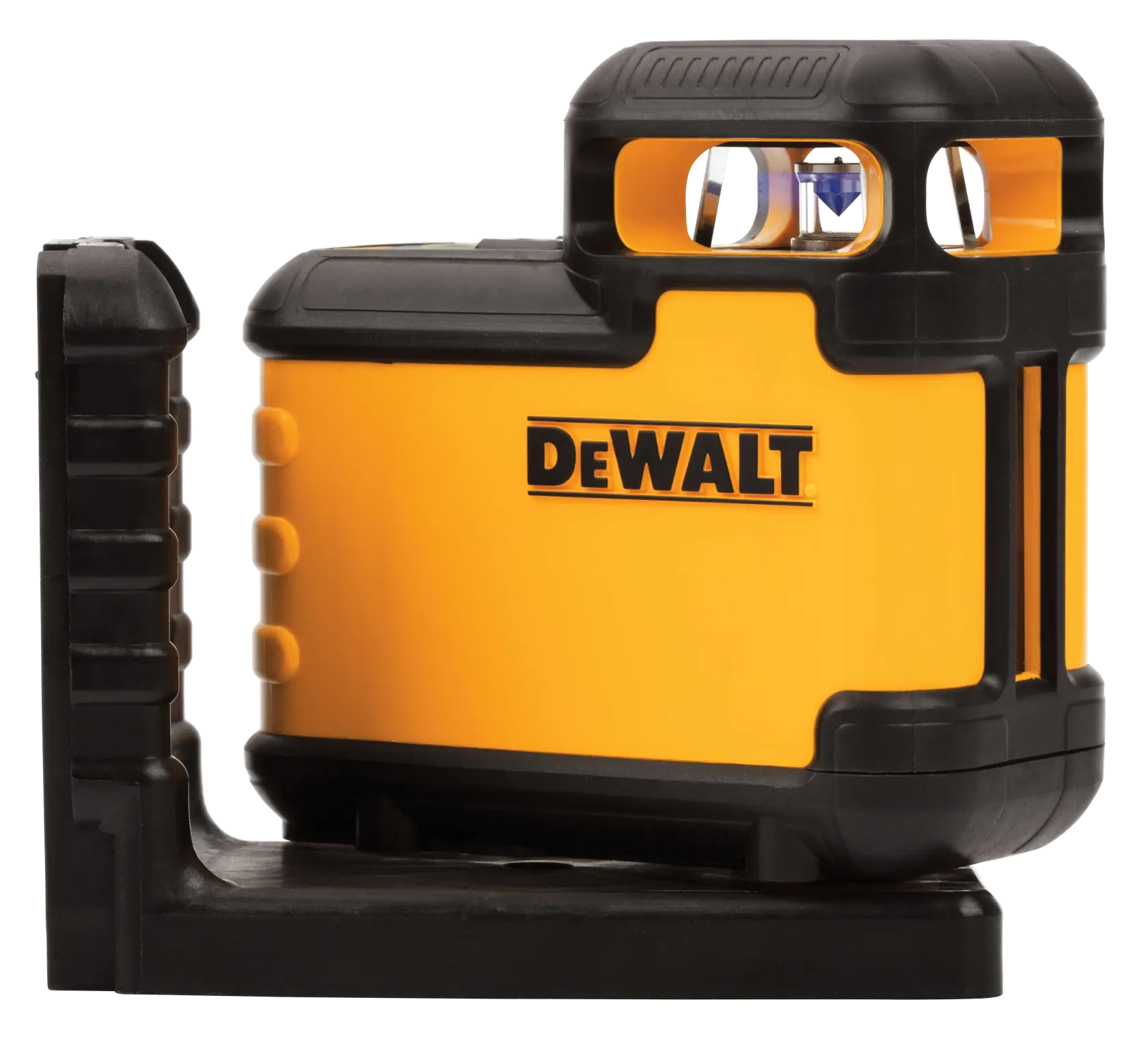 Uma ferramenta de nível a laser amarela e preta da marca DEWALT, montada em uma base preta, projetada para tarefas precisas de nivelamento e alinhamento na fotografia e construção.