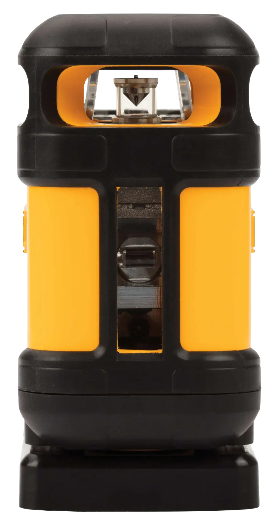 Una herramienta de fotografía DEWALT DW03601 con un exterior robusto negro y amarillo, mostrada desde el frente. El dispositivo tiene una lente visible y componentes internos protegidos por una carcasa resistente.