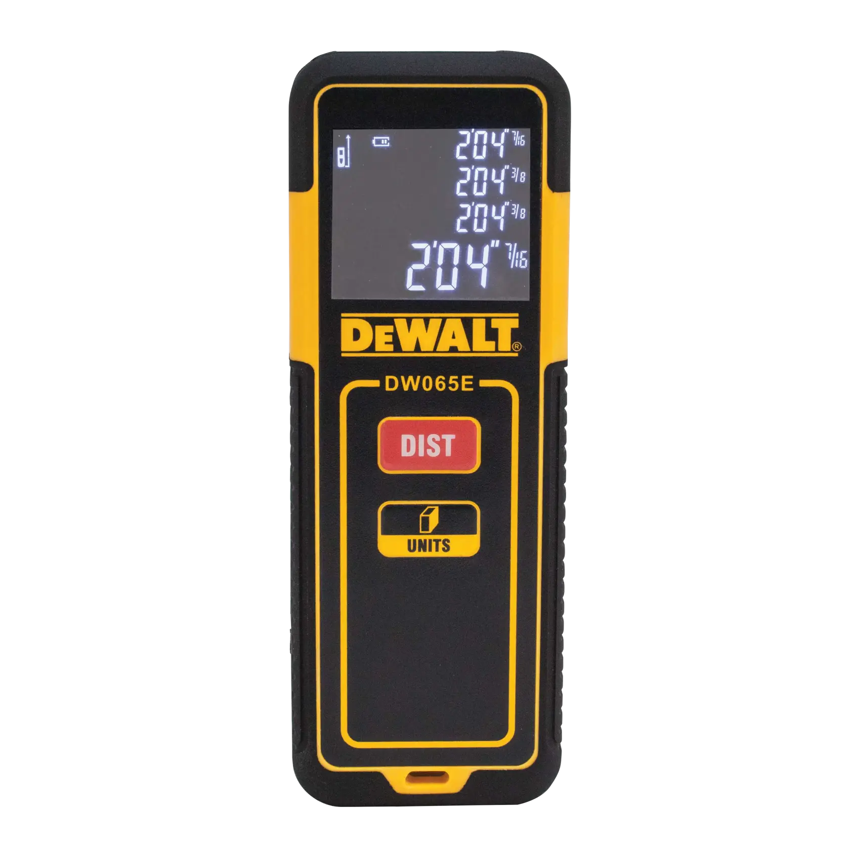 Vista frontal de um medidor de distância a laser DEWALT DW065E, com visor digital mostrando medições e botões vermelho e amarelo marcados 'DIST' e 'UNITS'.