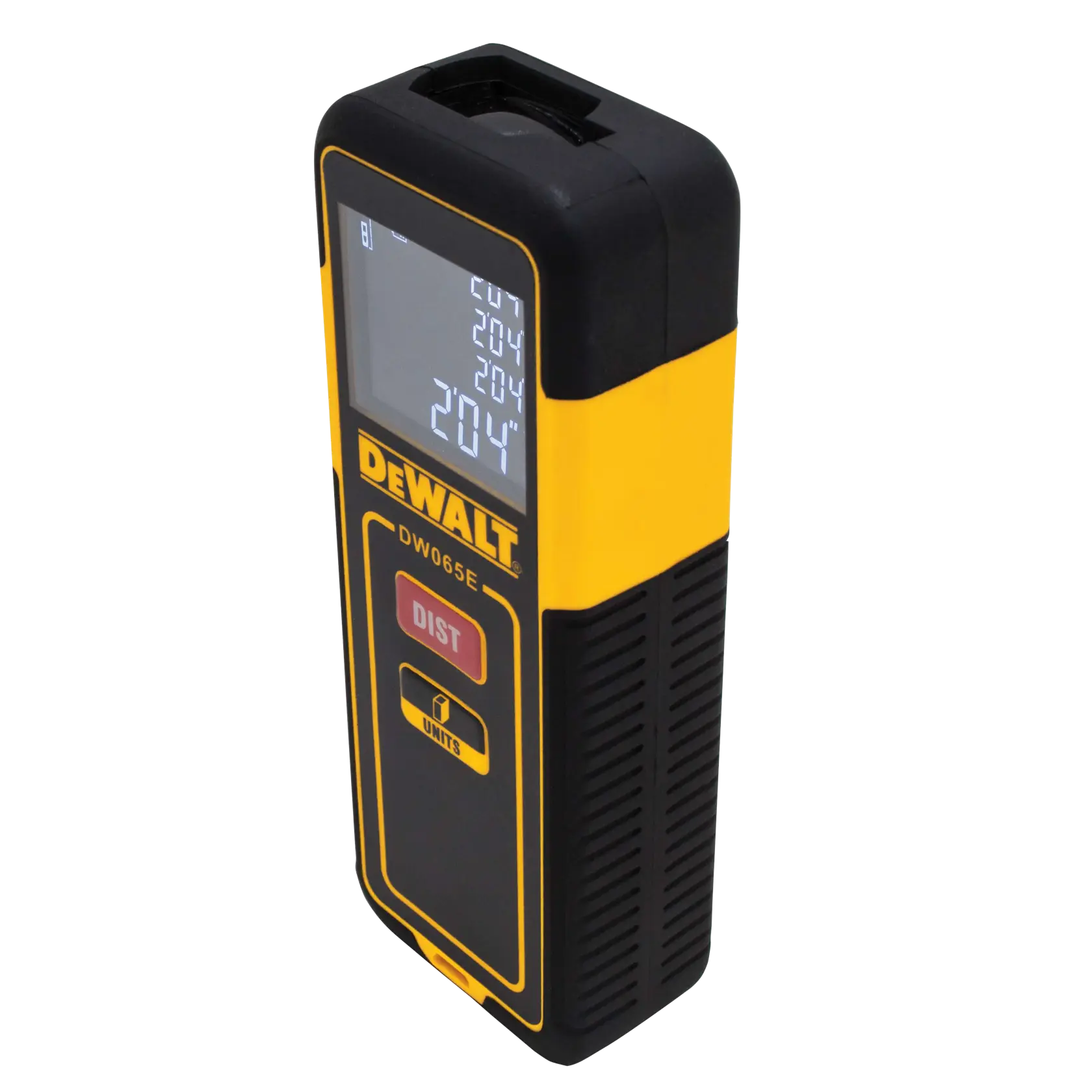 Um dispositivo eletrônico de medição de distância DEWALT DW065E com display digital, em preto e amarelo com o logo DEWALT, mostrando valores de medição na tela e botões rotulados como 'DIST' e 'UNITS'.
