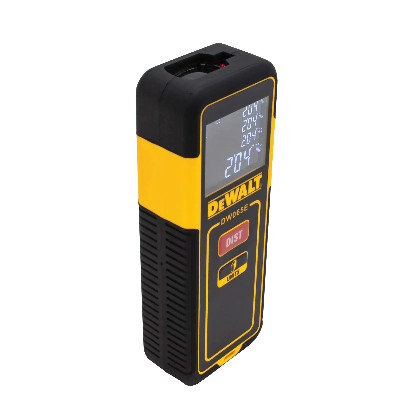 Um medidor de distância a laser DEWALT DW065E, mostrado em pé com um display digital na frente e dois botões identificados como 'DIST' e 'UNITS'. O dispositivo tem corpo amarelo e preto.