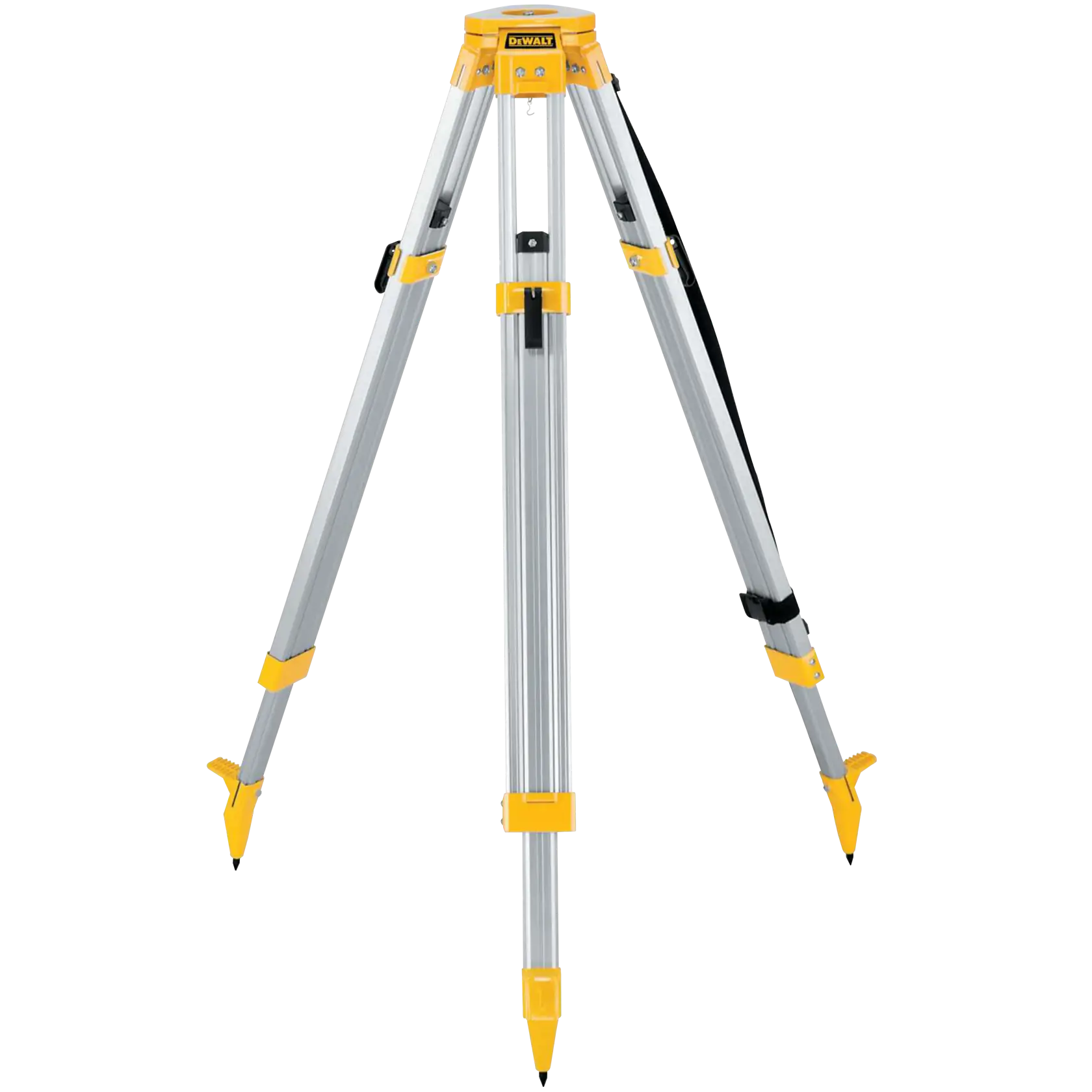Um tripé de alumínio DEWALT para fotografia ou levantamento, com três pernas ajustáveis com pontas afiadas e detalhes amarelos.