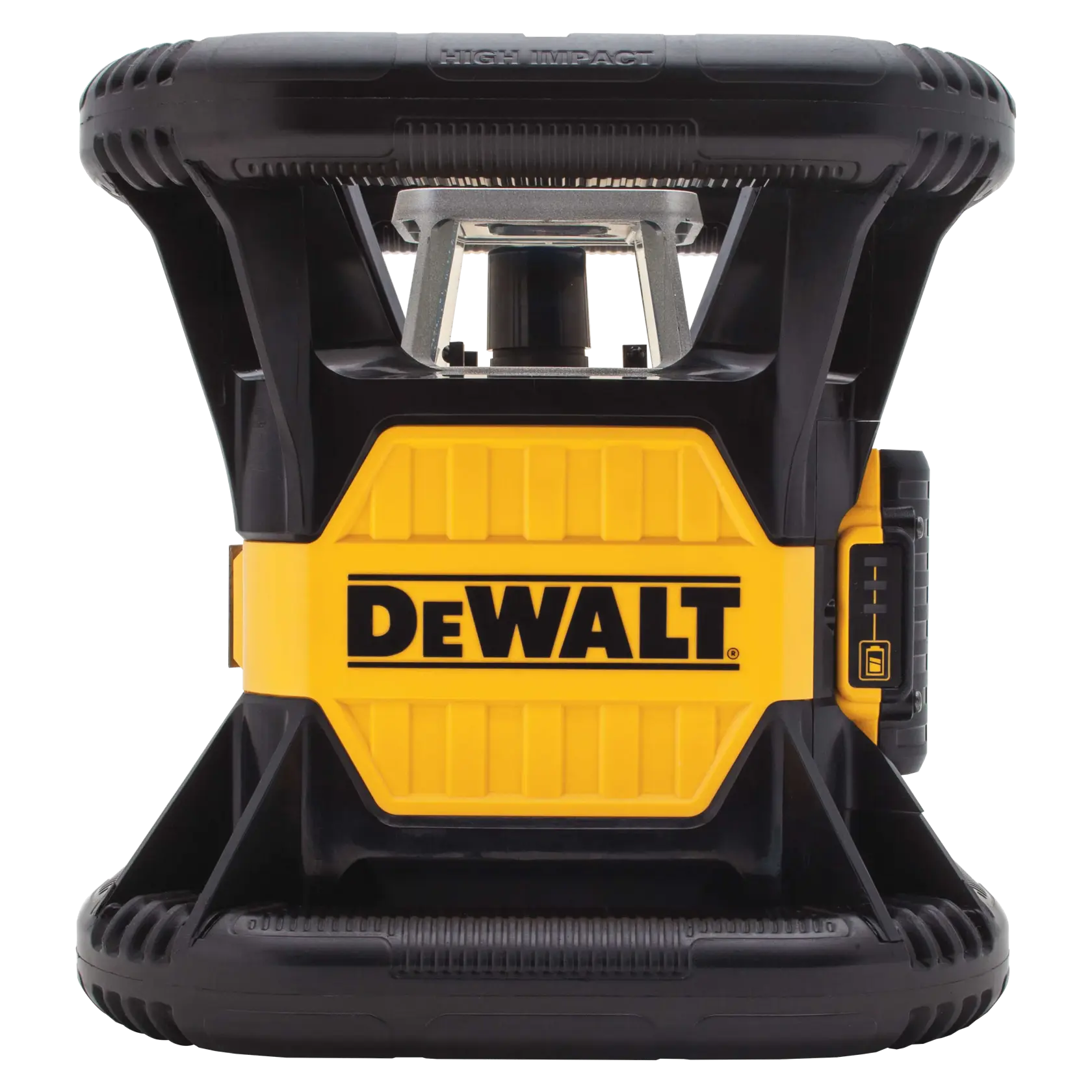 Vista frontal de um nível a laser rotativo da marca DEWALT, com construção robusta em preto e amarelo, projetado para alta durabilidade.