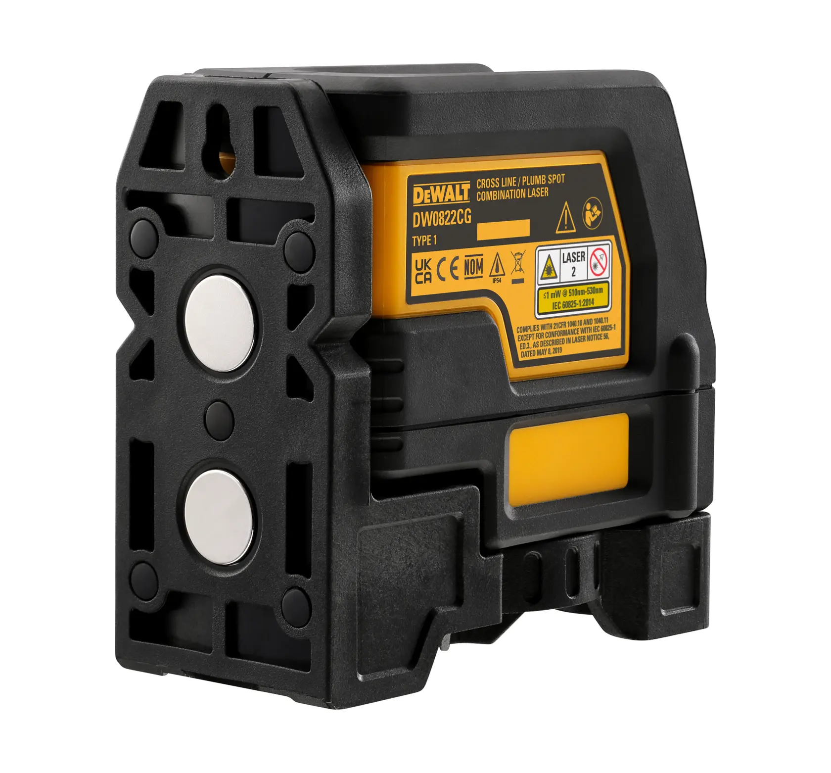 Nível a laser verde DEWALT DW0822CG de linha cruzada e ponto de prumo, com corpo robusto preto e amarelo, base de fixação magnética e etiqueta visível de segurança e modelo na lateral.