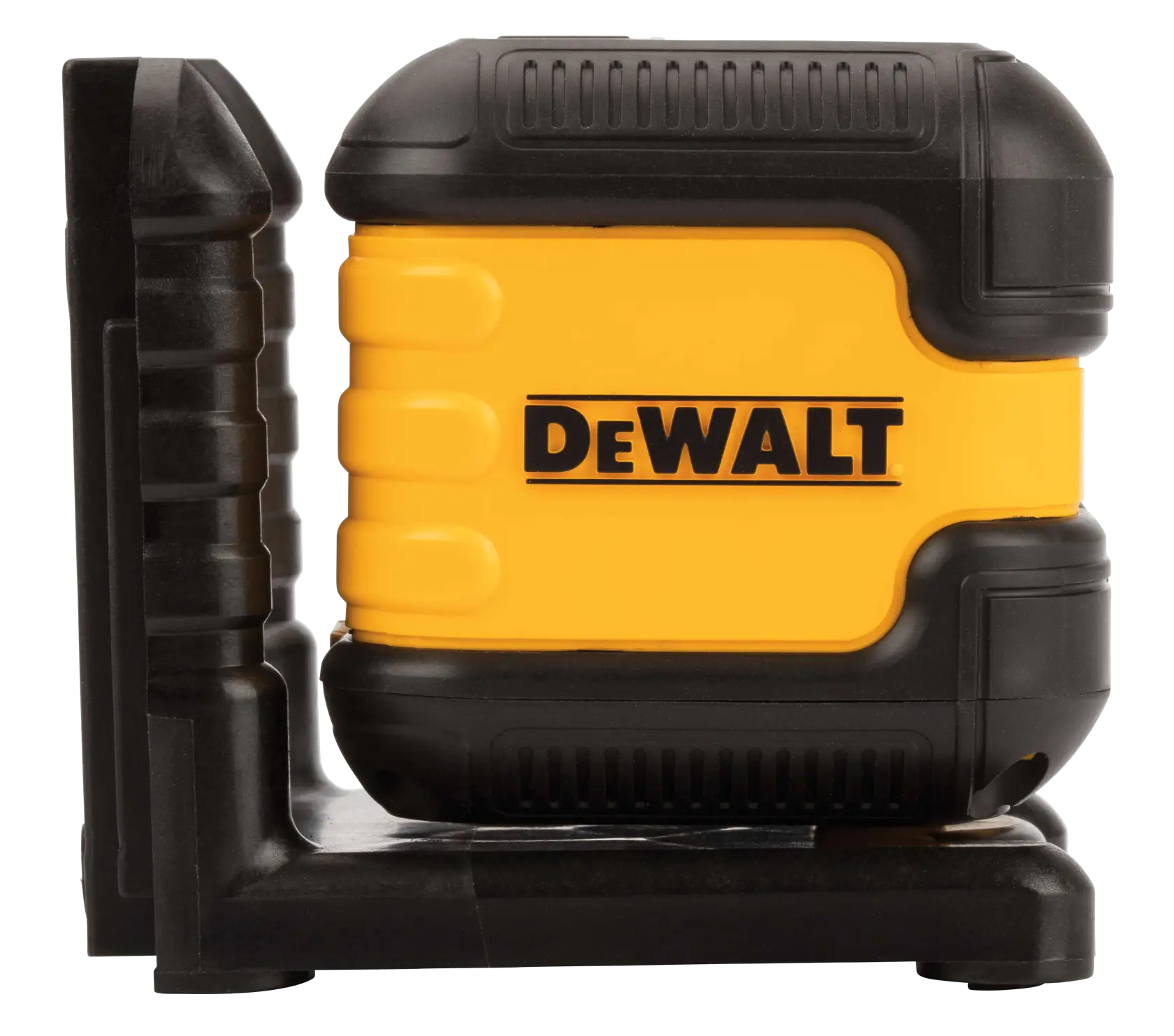 Um dispositivo de nível a laser amarelo e preto da DEWALT com exterior robusto e texturizado e base de montagem, visto de lado.