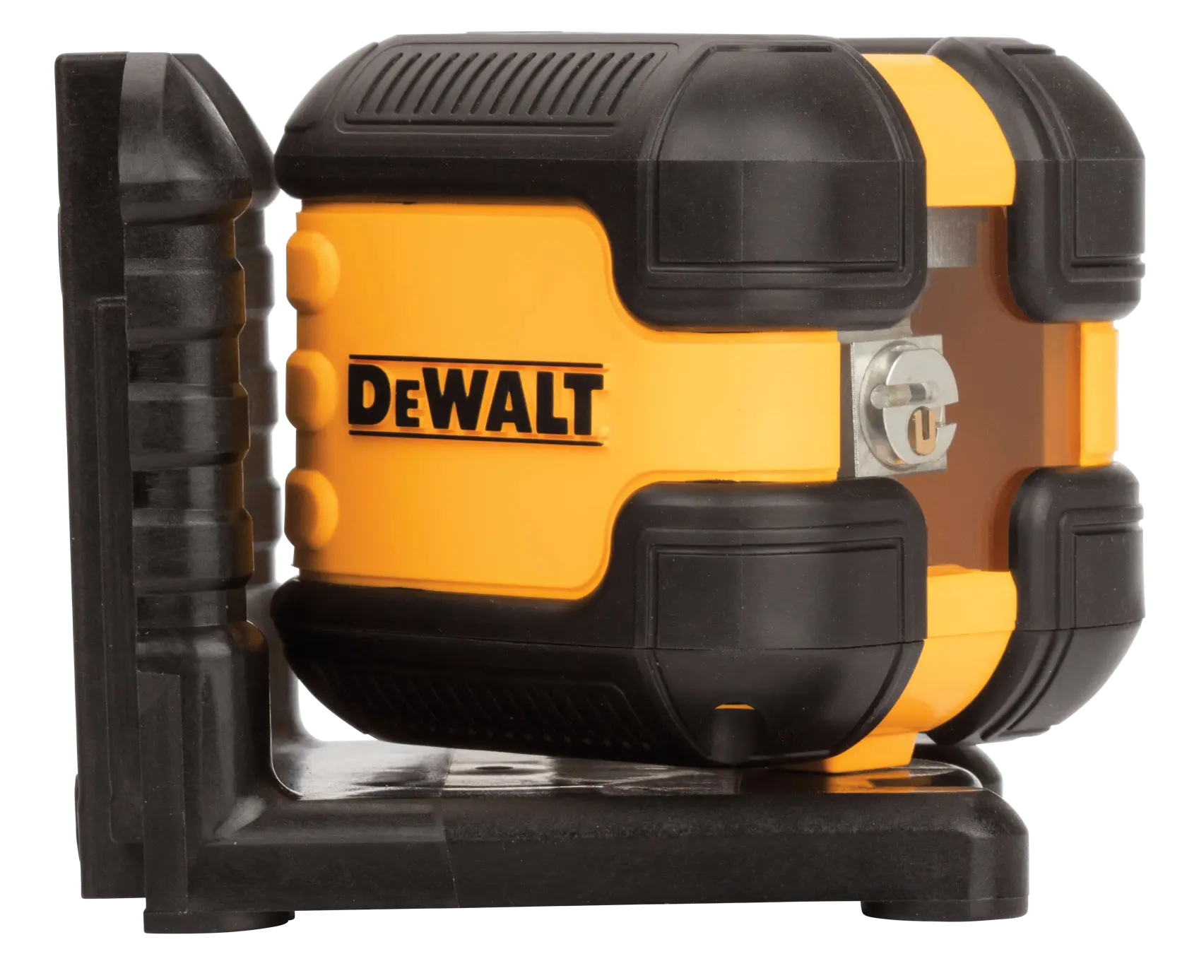 Um nível a laser amarelo e preto da marca DEWALT, projetado para nivelamento e alinhamento precisos, exibido sobre uma base preta.