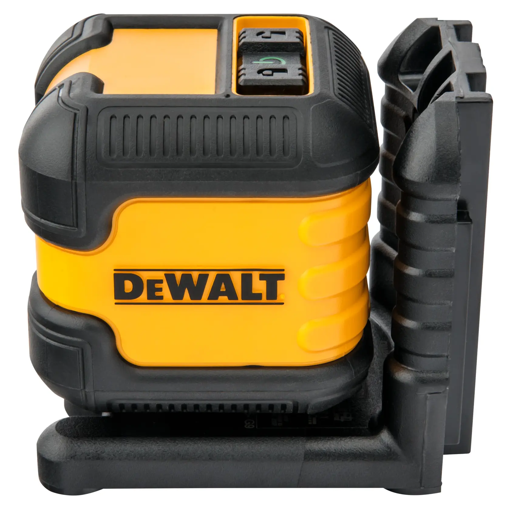 Vista aproximada de uma ferramenta de nível a laser amarela e preta da marca DEWALT, projetada para tarefas de alinhamento e nivelamento.