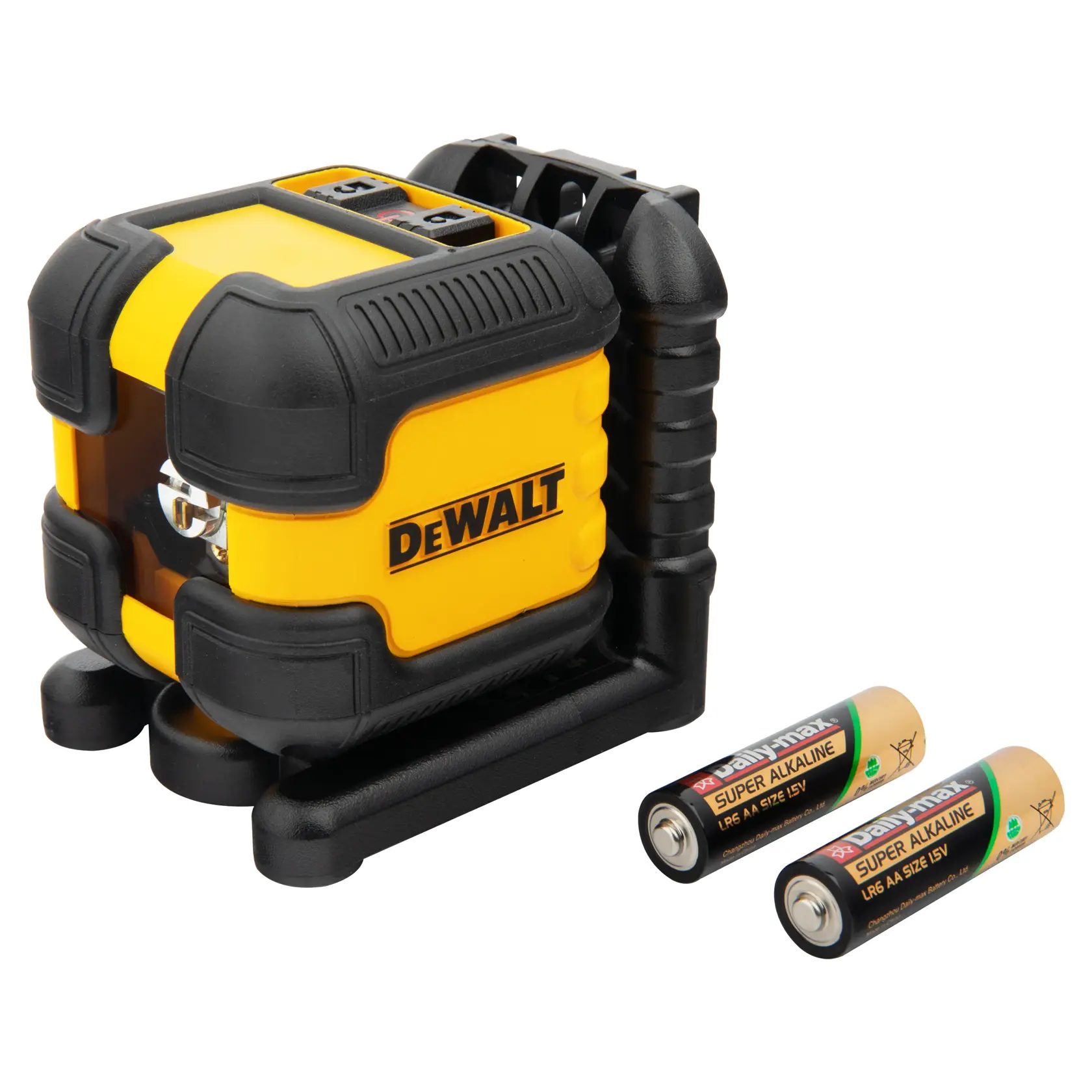 Um dispositivo de nível a laser da marca DEWALT, nas cores amarelo e preto, modelo DW08802, montado em uma base preta. O produto é usado para nivelamento e alinhamento precisos em aplicações de fotografia e construção.