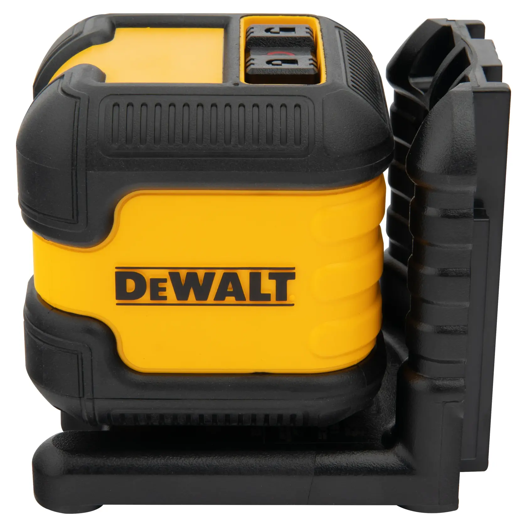Vista frontal de um nível a laser DEWALT DW08802. O dispositivo é predominantemente preto com detalhes amarelos e possui uma ranhura central de montagem de metal.