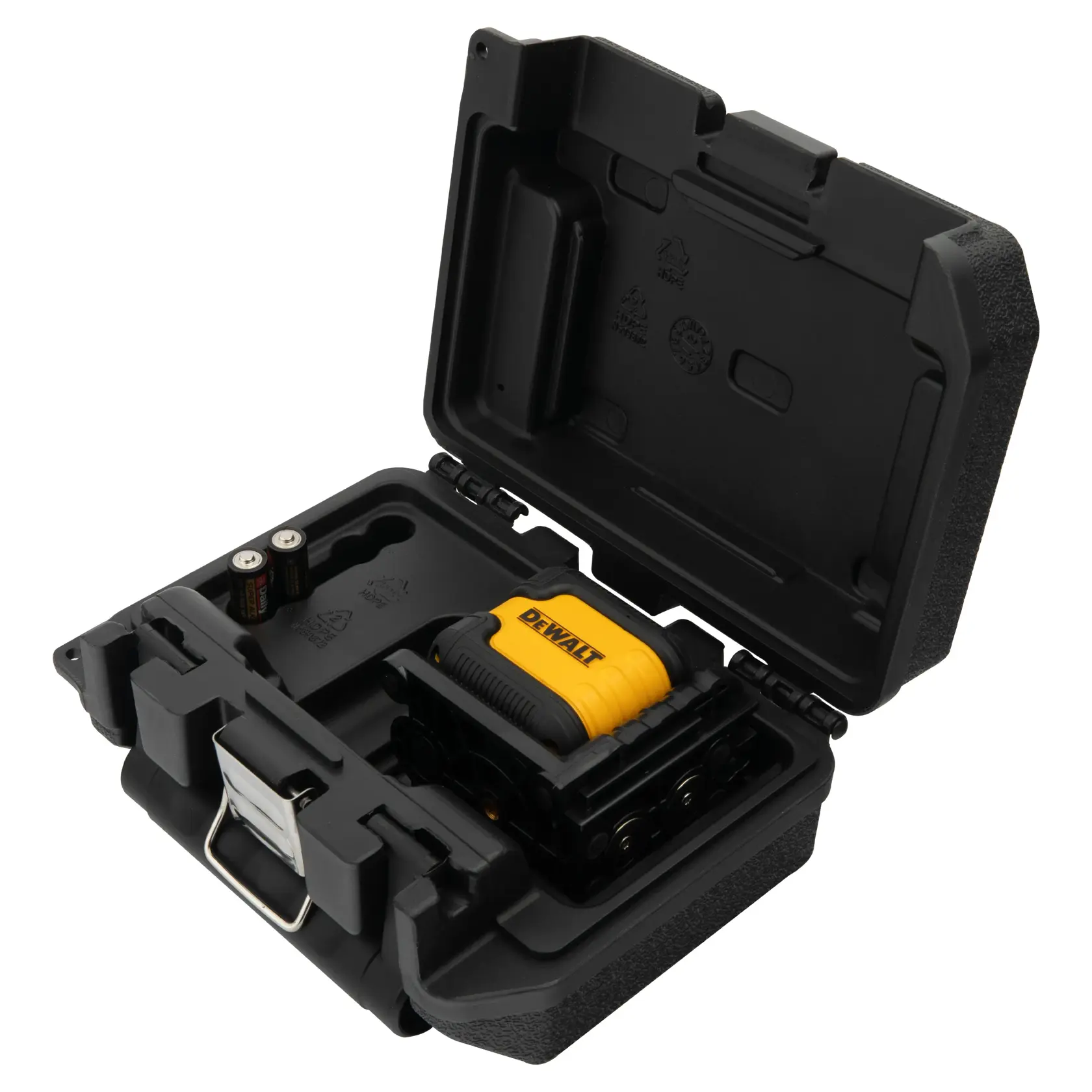 Um nível a laser DEWALT DW08802-QU em uma maleta de transporte preta e resistente. O nível a laser é amarelo e preto, e duas pilhas AA estão colocadas em um compartimento dentro da maleta.