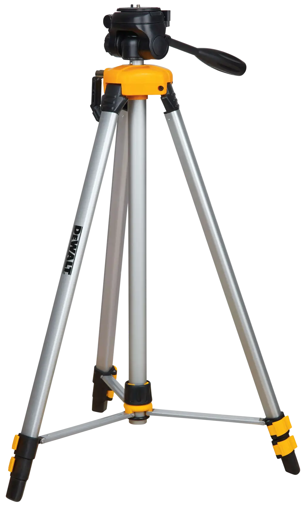 Um tripé de fotografia da marca DEWALT com pernas prateadas e detalhes amarelos, pernas ajustáveis e uma cabeça panorâmica preta.