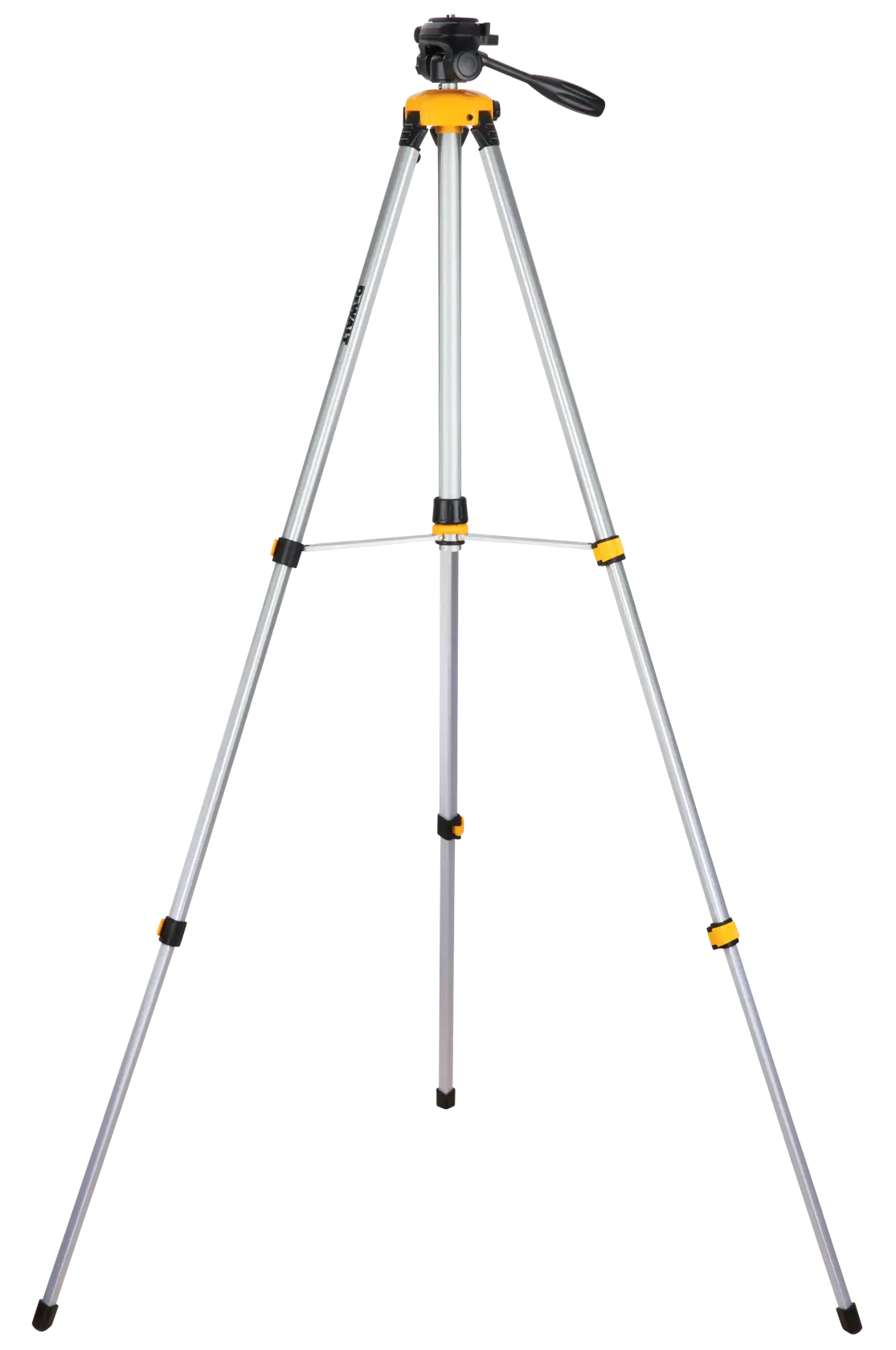Um tripé de alumínio DEWALT DW0881T com três pernas ajustáveis, detalhes em preto e amarelo e alça giratória, projetado para câmeras ou níveis a laser.