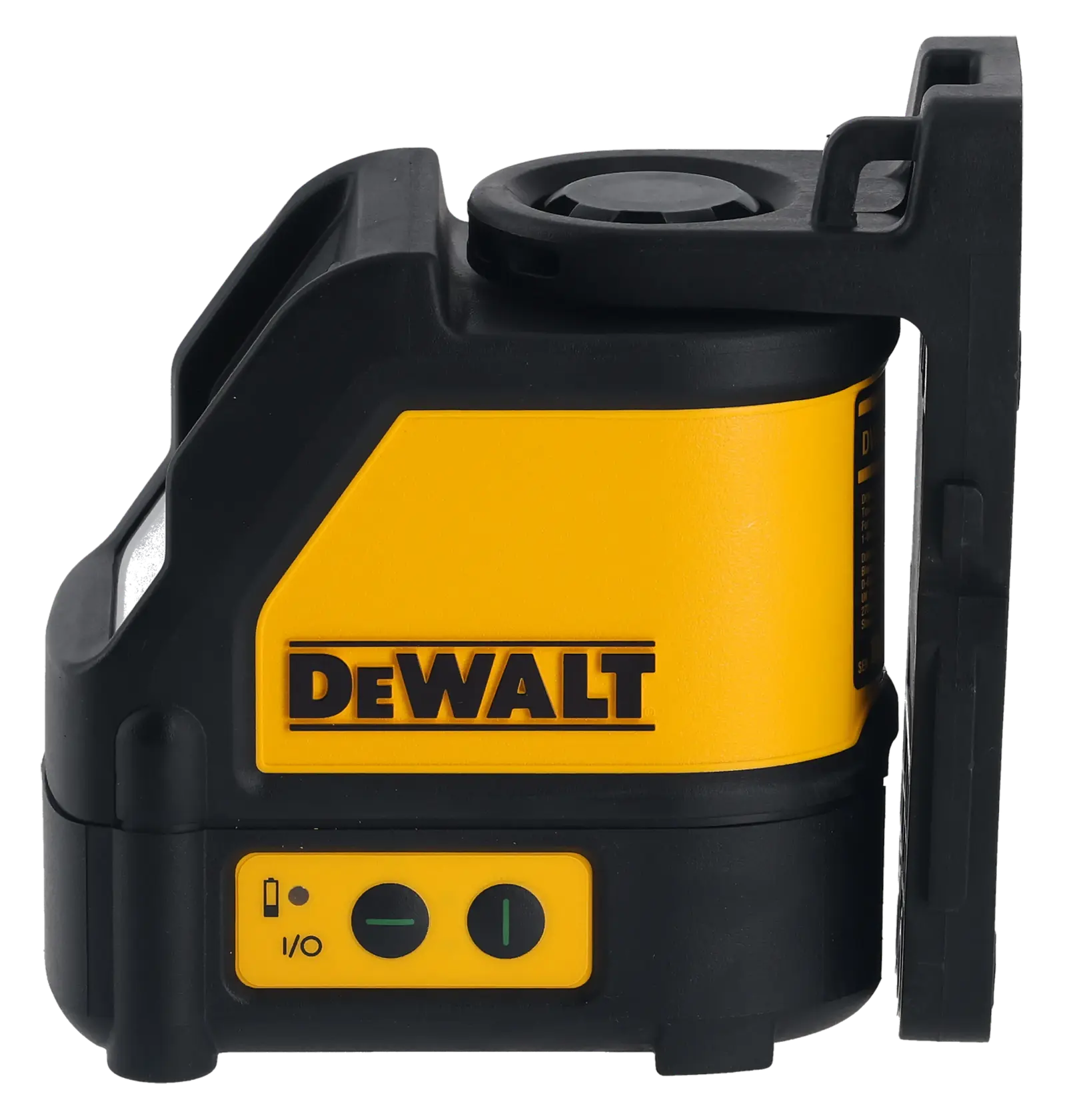 Foto do nível a laser de linha cruzada verde DEWALT DW088CG, ângulo lateral, corpo amarelo e preto.