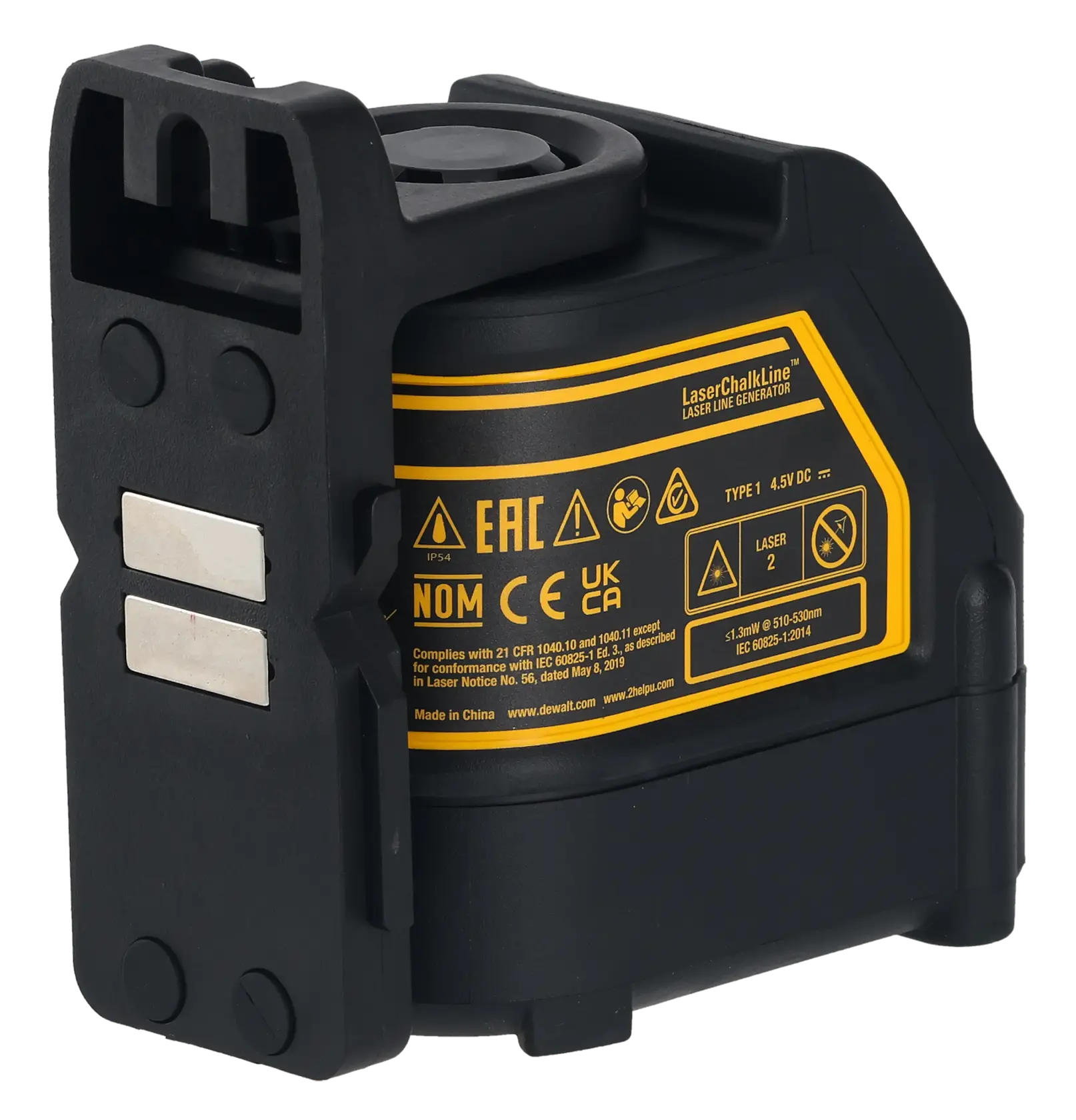 Foto da ferramenta laser para fotografia DEWALT DW088CG, preta com etiqueta amarela, vista lateral.