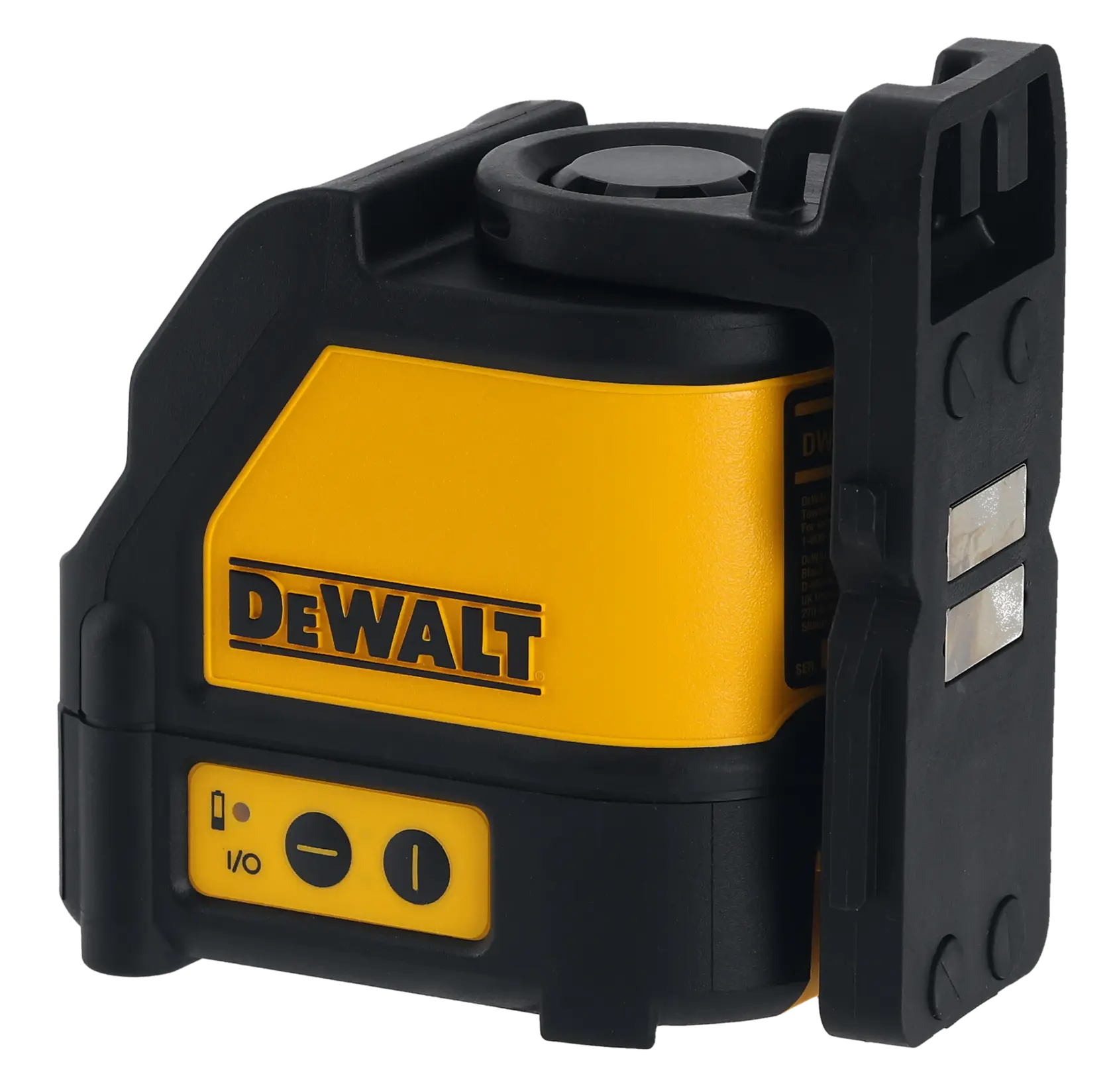 Uma ferramenta de laser autonivelante de linhas cruzadas DEWALT DW088K amarela e preta, projetada para tarefas de alinhamento precisas na construção e fotografia.