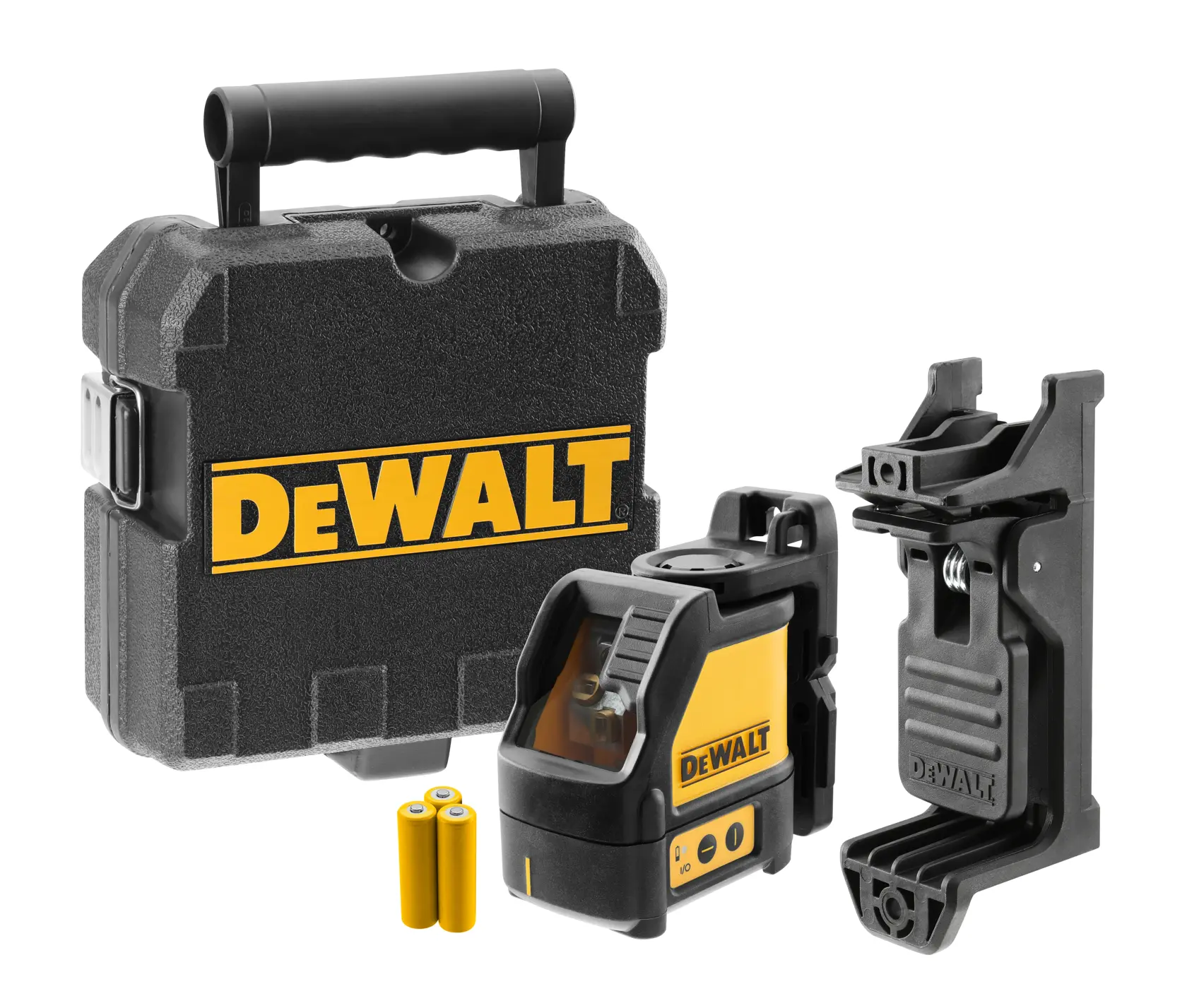 Kit de nível a laser de linha cruzada DEWALT DW088K, incluindo uma maleta preta com o logotipo DEWALT, duas pilhas amarelas, o dispositivo de nível a laser e um suporte de montagem preto.