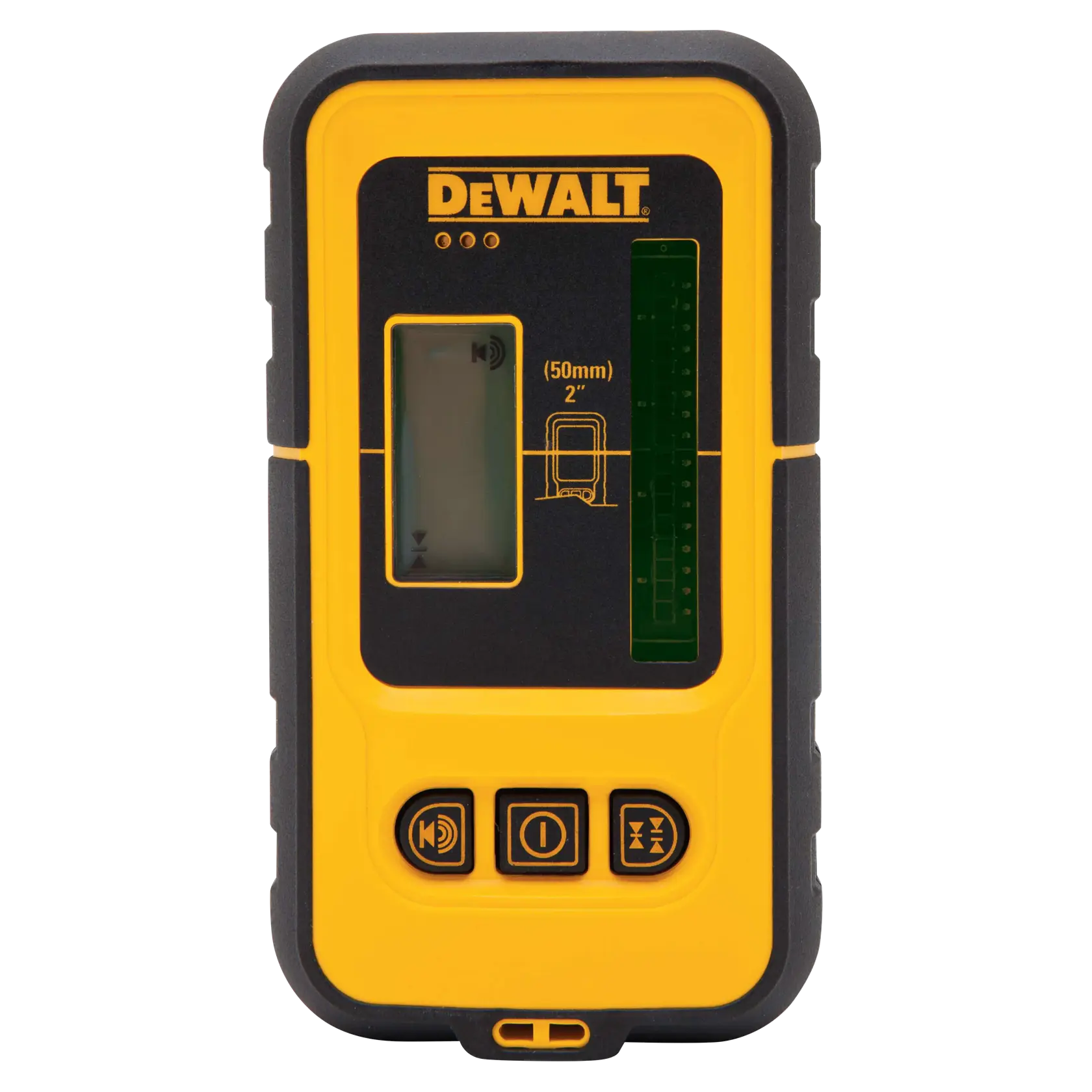 Vista frontal de um detector de laser DEWALT DW0892G amarelo e preto com display digital e botões de controle.