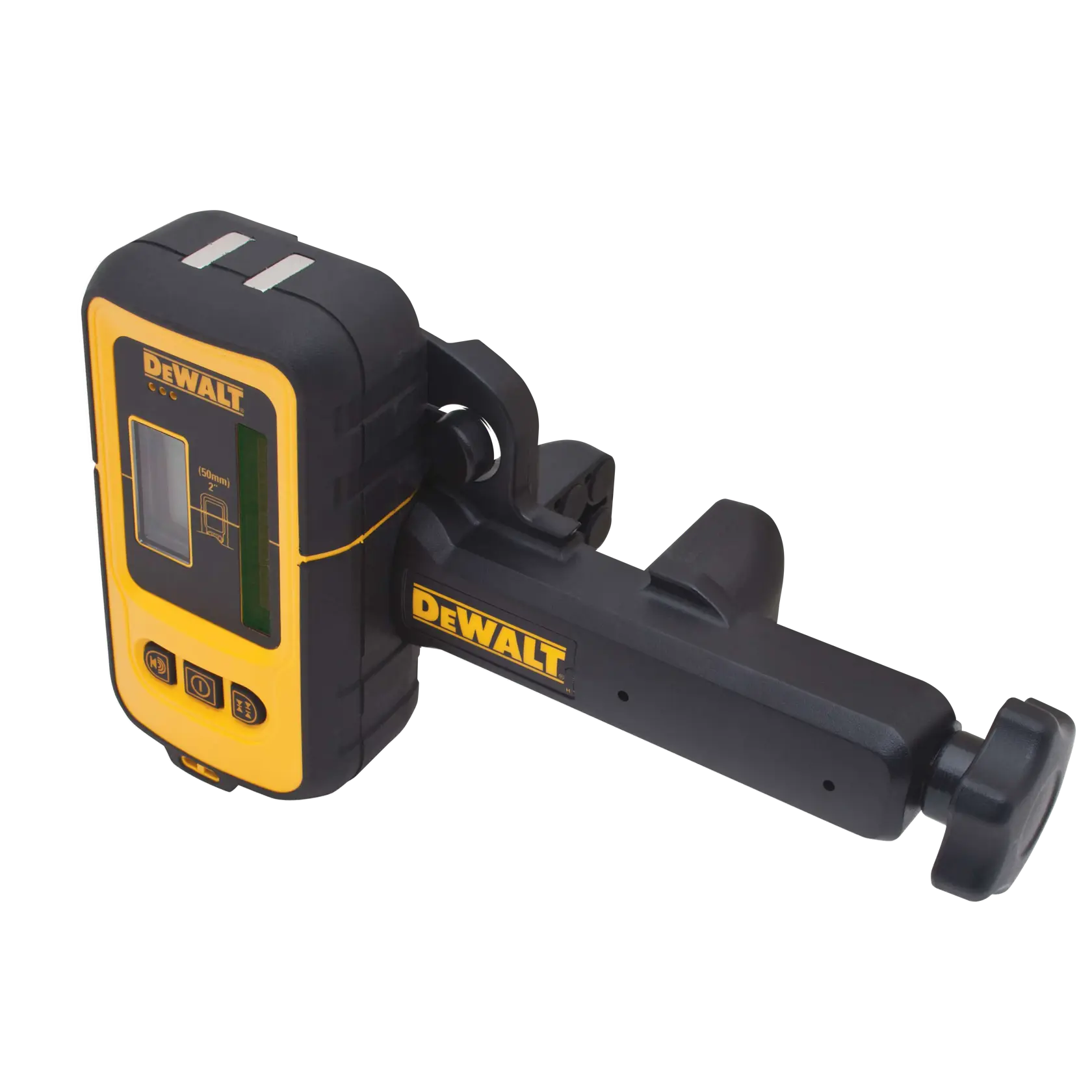 Um detector de linha de laser verde da marca DEWALT com fixação por presilha, projetado para uso com ferramentas de nivelamento relacionadas à construção e fotografia.