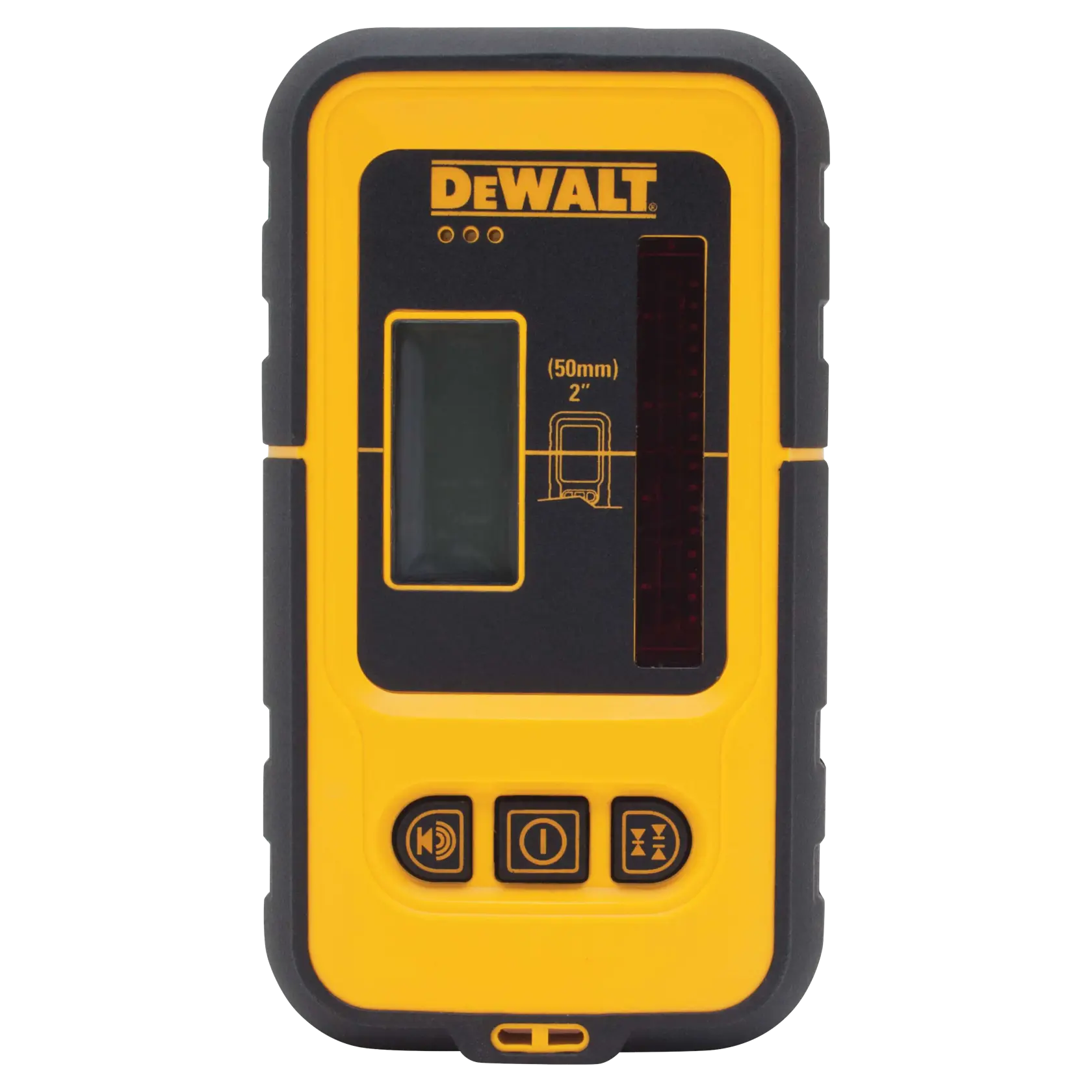 Vista frontal de um detector de laser DEWALT DW0892, dispositivo portátil amarelo e preto com tela LCD, botões de controle e luzes indicadoras, utilizado para detectar linhas de laser em fotografia e construção.