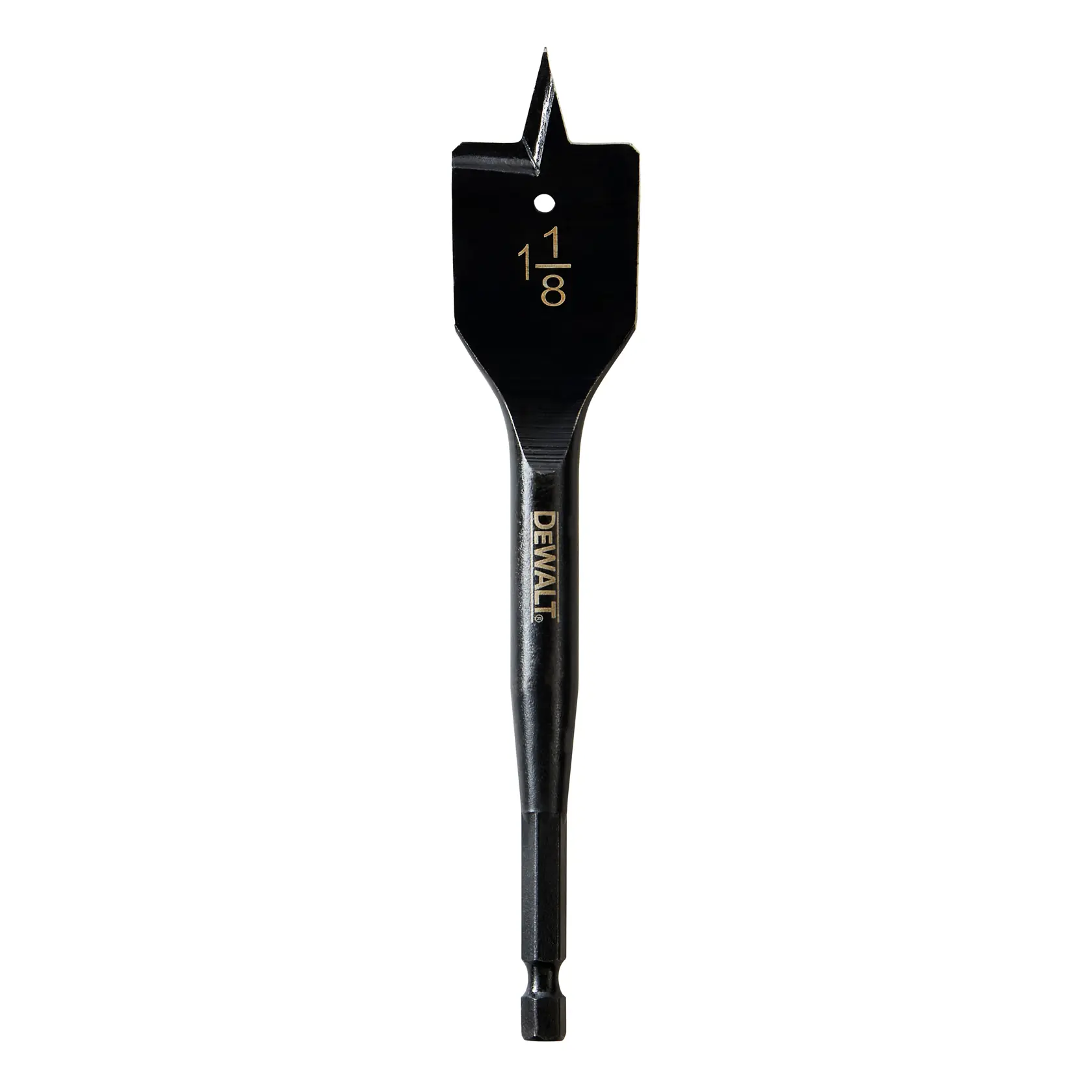 Uma broca chata para madeira da marca DEWALT, tamanho 1 1/8 polegadas, usada para perfurar buracos em madeira. A broca tem acabamento preto e haste sextavada.