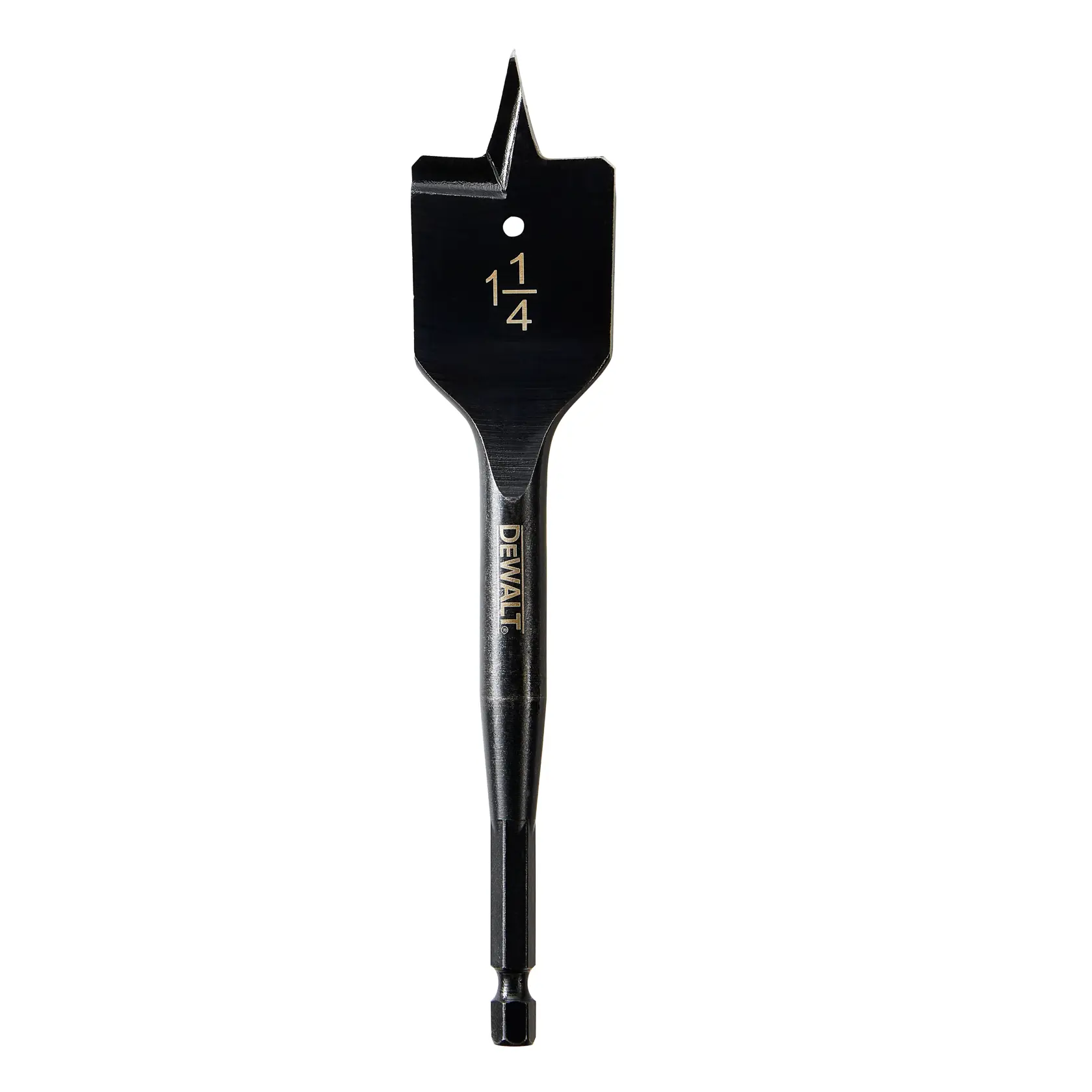Uma broca plana para madeira DEWALT de 1-1/4 polegadas, também conhecida como broca tipo pá, com haste hexagonal para uso em furadeiras elétricas.