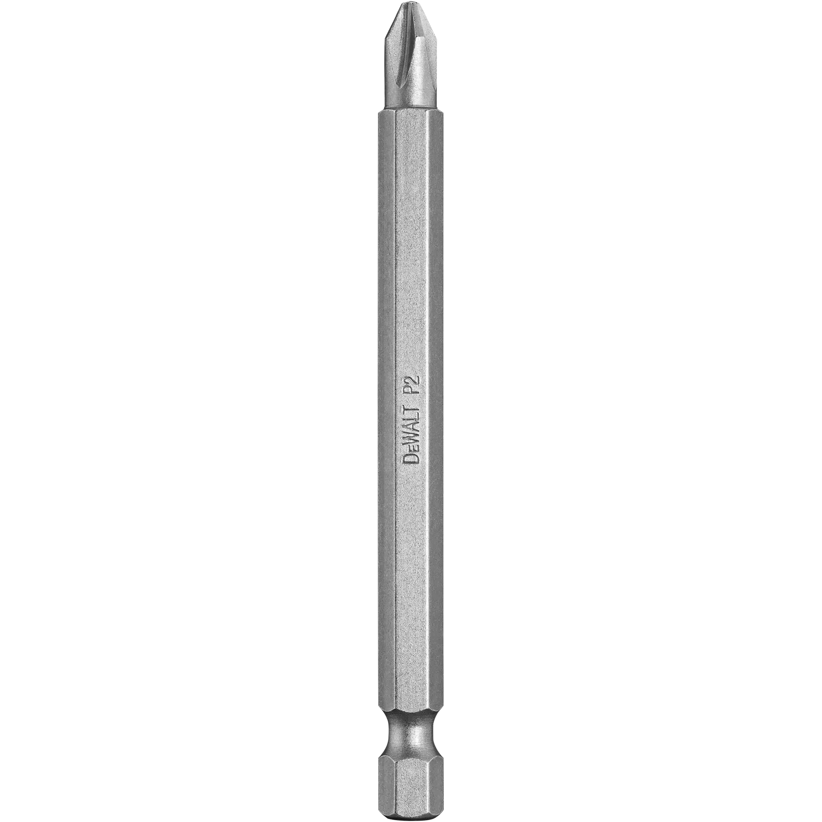Uma ponta de chave Phillips DEWALT com haste hexagonal, rotulada como P2, exibida verticalmente em um fundo branco.