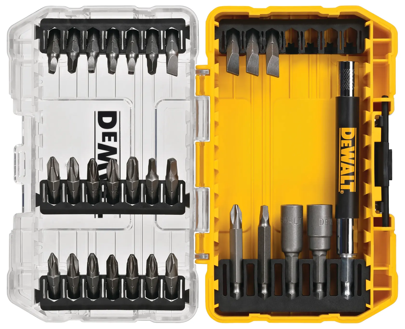 Um conjunto de bits da DEWALT em uma caixa plástica amarela e transparente, contendo várias pontas de chave de fenda e acessórios organizados em compartimentos.