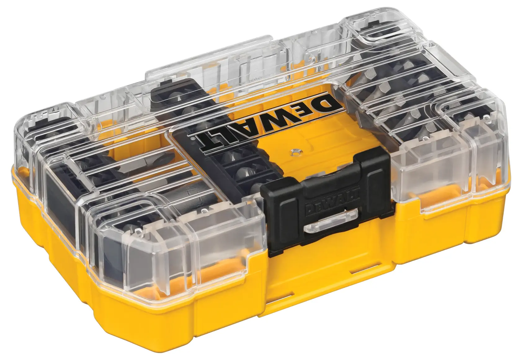 Uma caixa de armazenamento DEWALT de plástico amarela e preta com tampa transparente, usada para organizar e guardar peças ou acessórios.