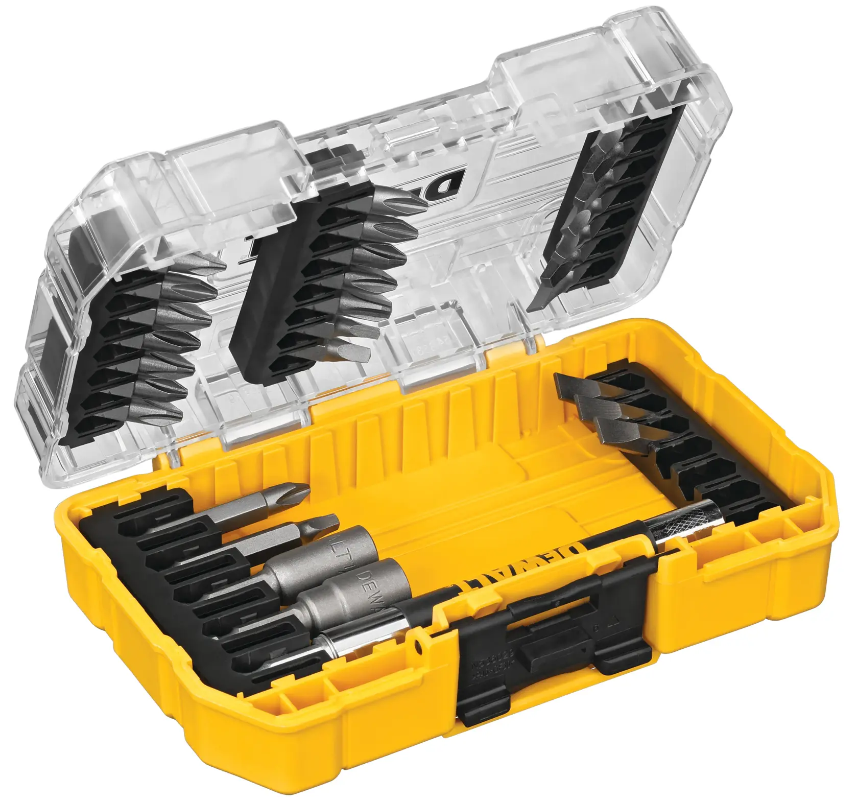 Uma caixa de ferramentas DEWALT de plástico amarelo com tampa transparente que contém várias pontas de parafusadeira e acessórios organizados de forma ordenada.