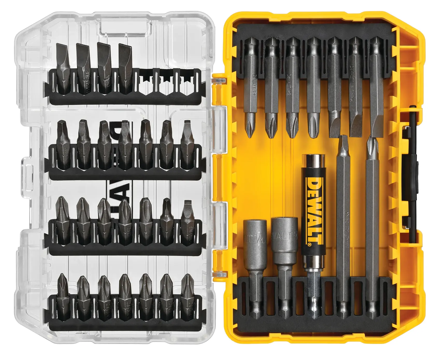 Um conjunto de bits de parafuso DEWALT DW2163 em uma caixa de armazenamento de plástico amarela e transparente, contendo vários tamanhos e formatos de bits de metal organizados em fileiras.