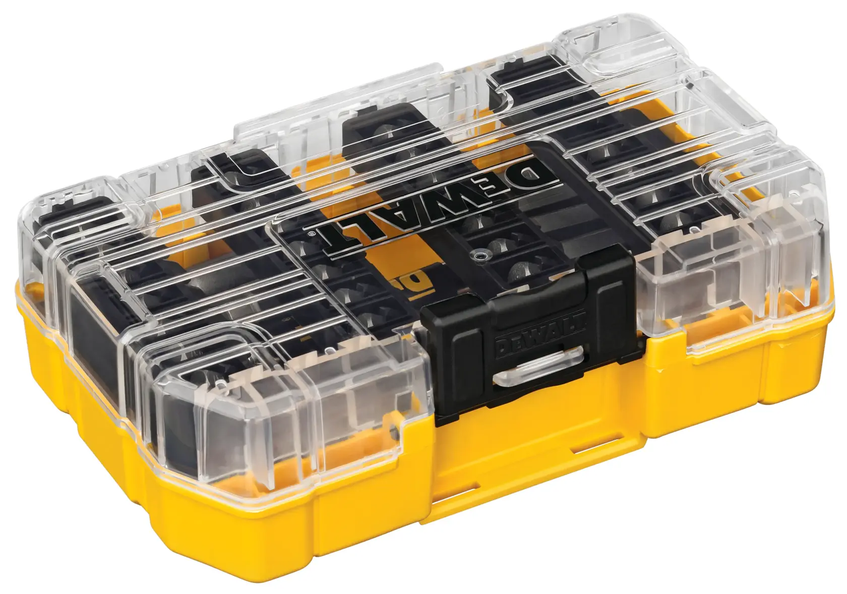 Uma caixa de armazenamento de plástico amarela e preta DEWALT com tampa transparente, projetada para organizar e guardar ferramentas ou acessórios pequenos.