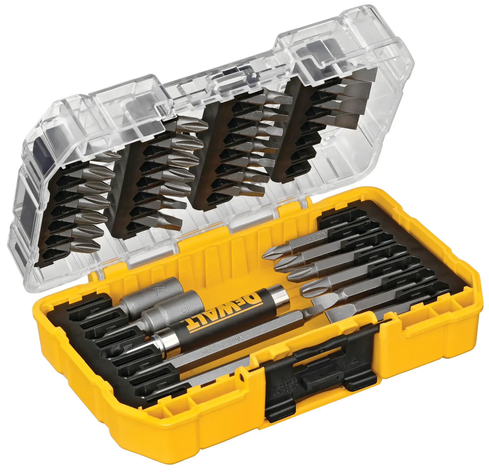 Um estojo de plástico amarelo e preto da marca DEWALT contendo uma coleção de pontas de parafusadeira e acessórios, exibido com a tampa aberta. O estojo dispõe de compartimentos organizados para diversos tipos e tamanhos de pontas. A tampa é transparente, mostrando as pontas fixadas dentro.
