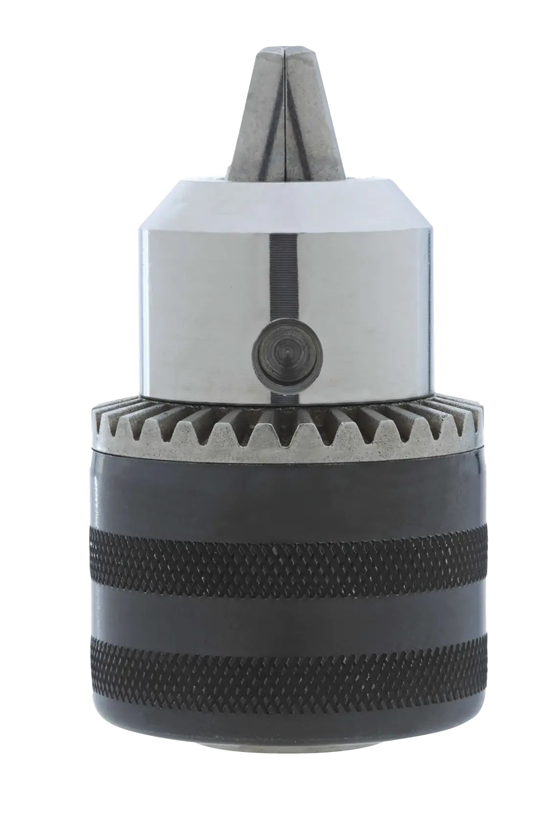 Imagem de close de um mandril de furadeira DEWALT DW21E com design sem chave, mostrando seus componentes metálicos e pretos texturizados sobre um fundo branco.