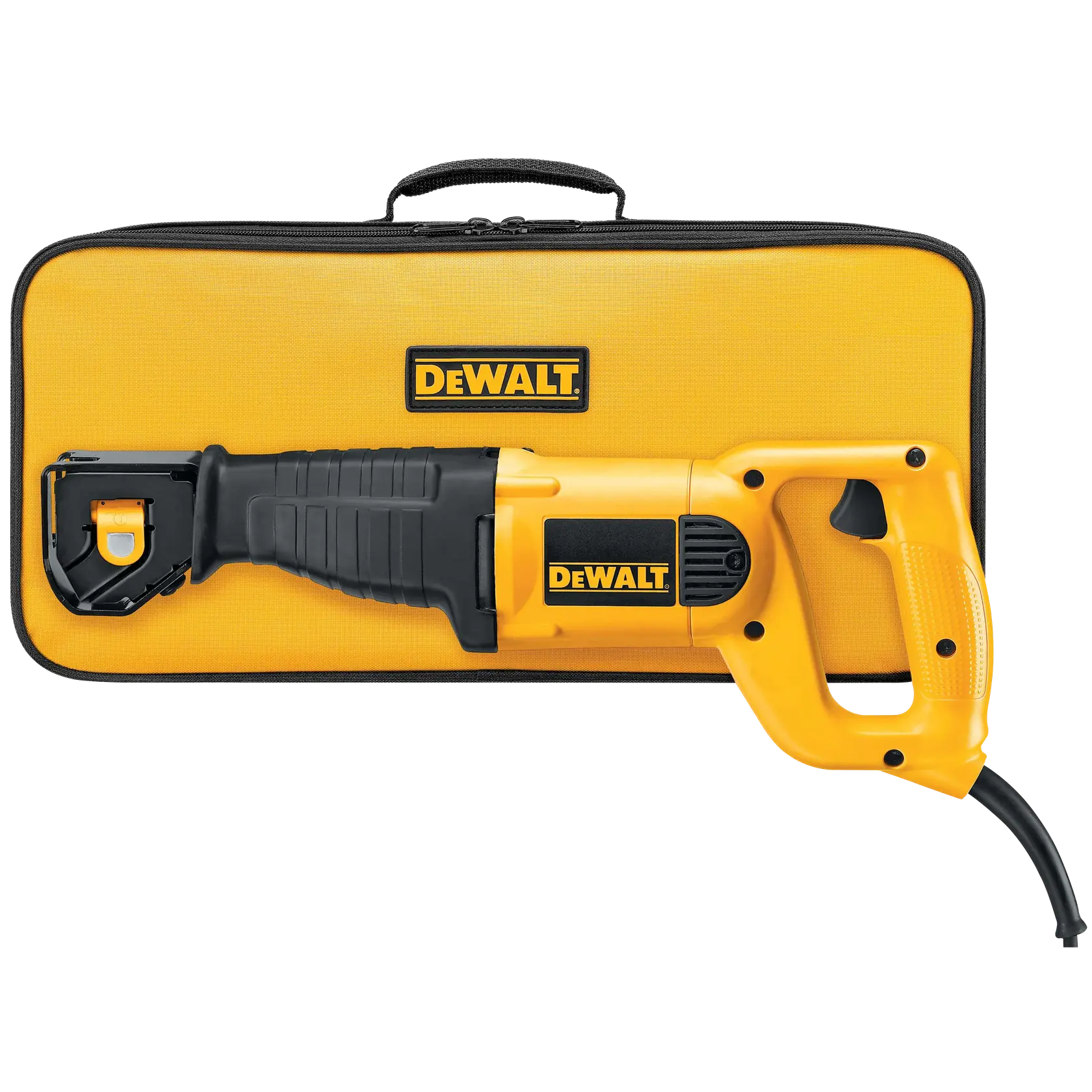 DEWALT DW304PK serra sabre amarela e preta com maleta, ângulo frontal, fotografia de produto.