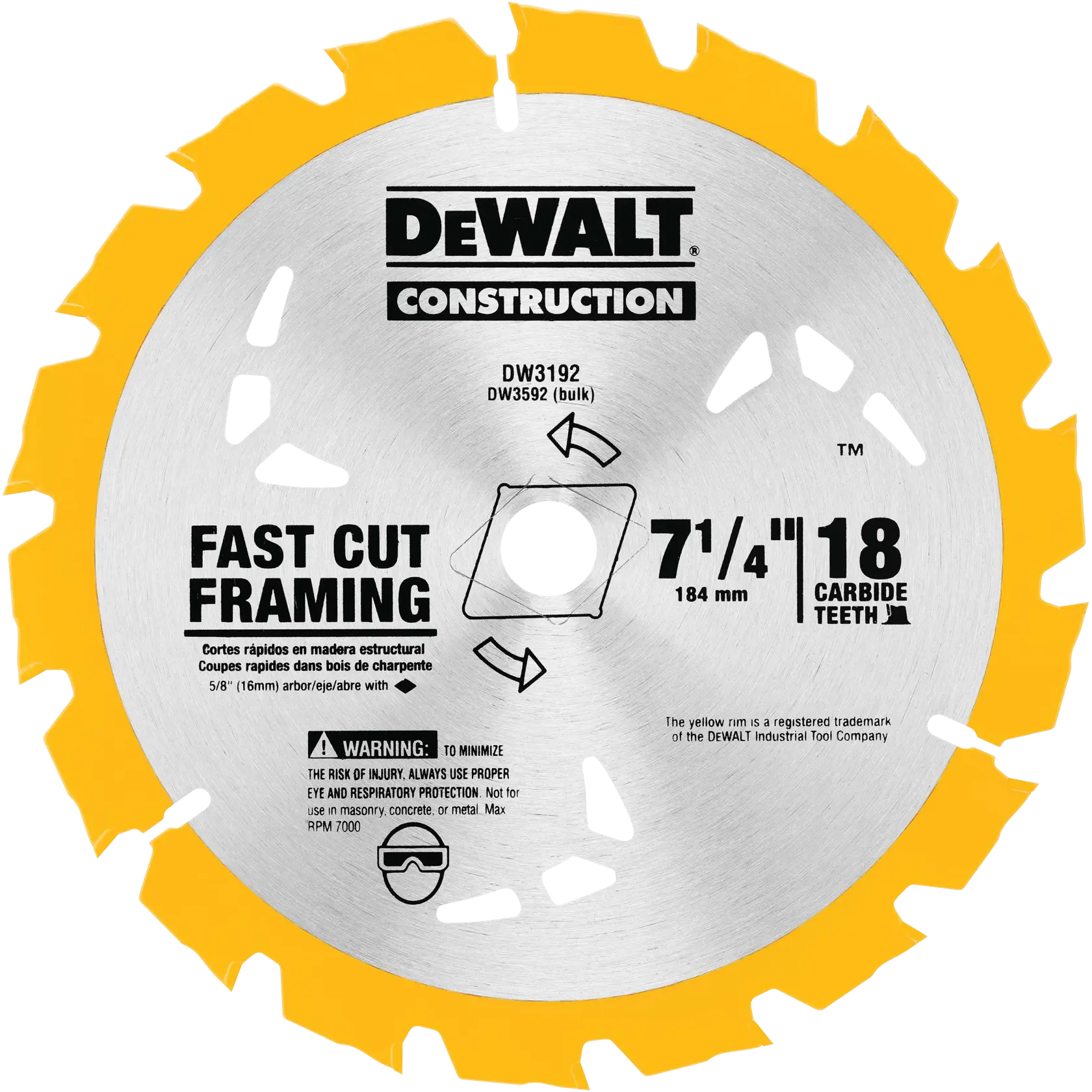 Uma lâmina de serra circular DEWALT Construction com borda amarela, indicada para cortes rápidos em madeira estrutural. O tamanho da lâmina é 7 1/4 polegadas (184 mm) com 18 dentes de carbeto, destinada ao corte de madeira estrutural. Avisos de segurança e instruções de uso impressos na lâmina.