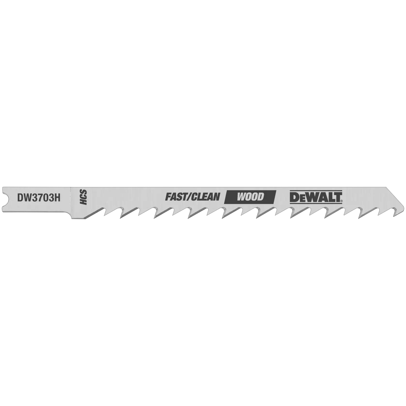 Uma lâmina de serra tico-tico DEWALT DW3703H para cortes rápidos e limpos em madeira, com dentes afiados, vista lateral sobre fundo branco.