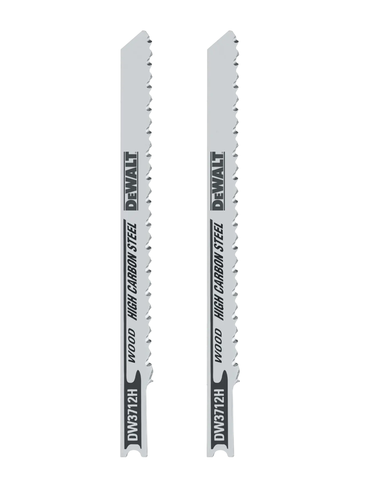 Duas lâminas de serra tico-tico DEWALT de aço de alto carbono para madeira, modelo DW3712H, exibidas lado a lado sobre um fundo branco.