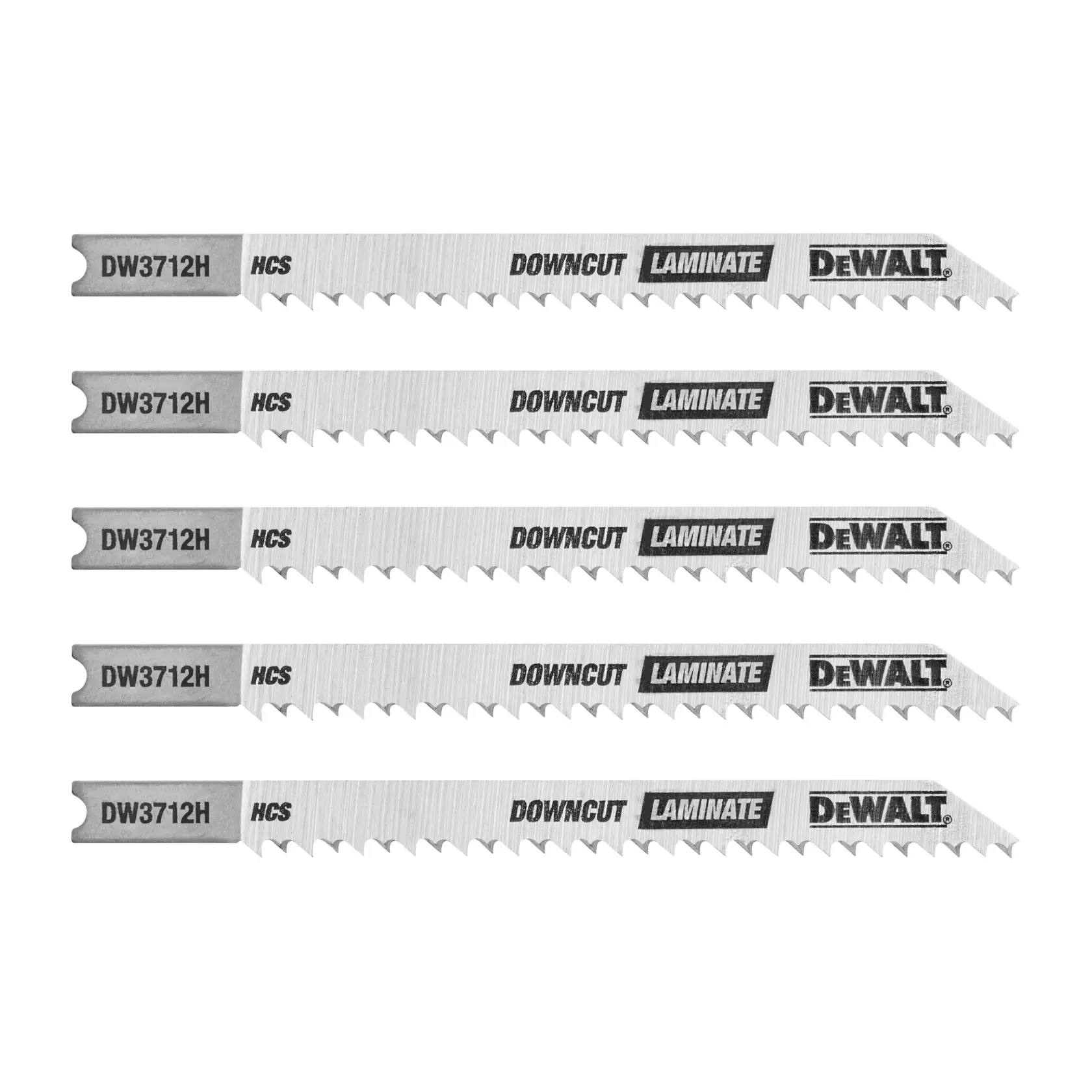 Cinco lâminas de serra tico-tico DEWALT DW3712H para corte descendente em laminado estão dispostas lado a lado em uma linha horizontal. As lâminas são prateadas com etiquetas pretas e brancas, exibindo o código do produto, o tipo de corte e a indicação para laminados.