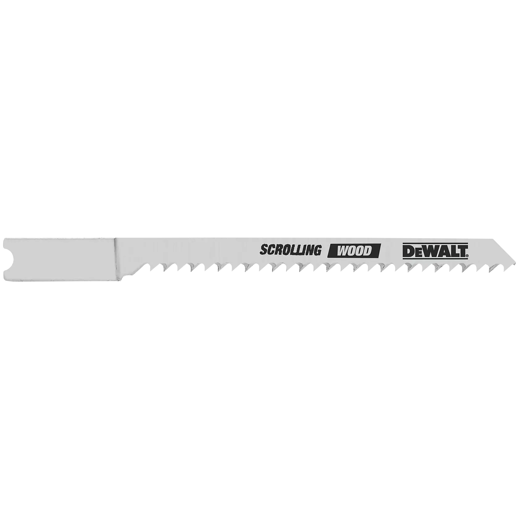 Uma lâmina de serra metálica para madeira com dentes afiados, projetada para marcenaria, com o logotipo DEWALT.