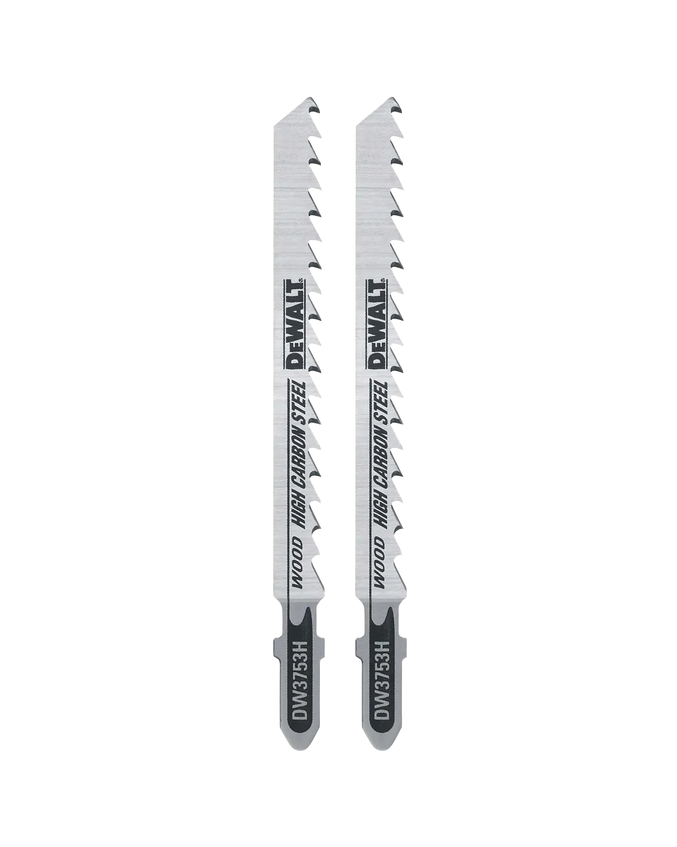 Duas lâminas de serra tico-tico DEWALT, modelo DW3753H, feitas de aço carbono alto para corte de madeira, exibidas verticalmente lado a lado sobre um fundo branco.