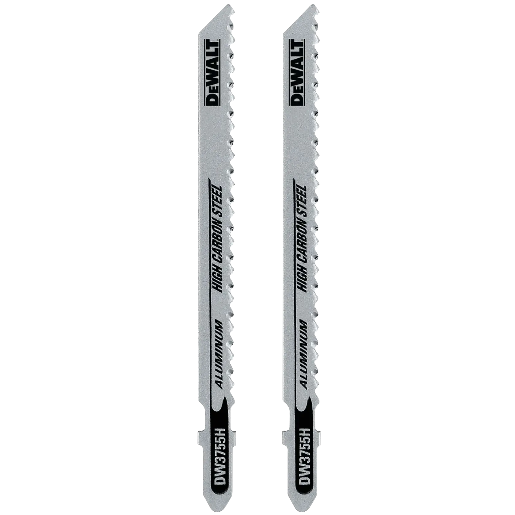 Duas lâminas de serra tico-tico DEWALT DW3755H de aço com alto teor de carbono para corte de alumínio, apresentadas lado a lado em um fundo branco.