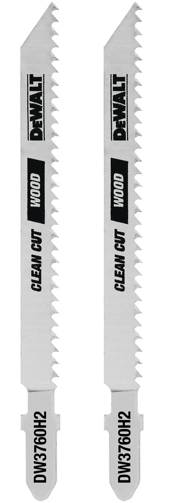 Duas lâminas de serra tico-tico DEWALT DW3760H2 para madeira, com as inscrições 'CLEAN CUT' e 'WOOD', exibidas na vertical sobre fundo branco.
